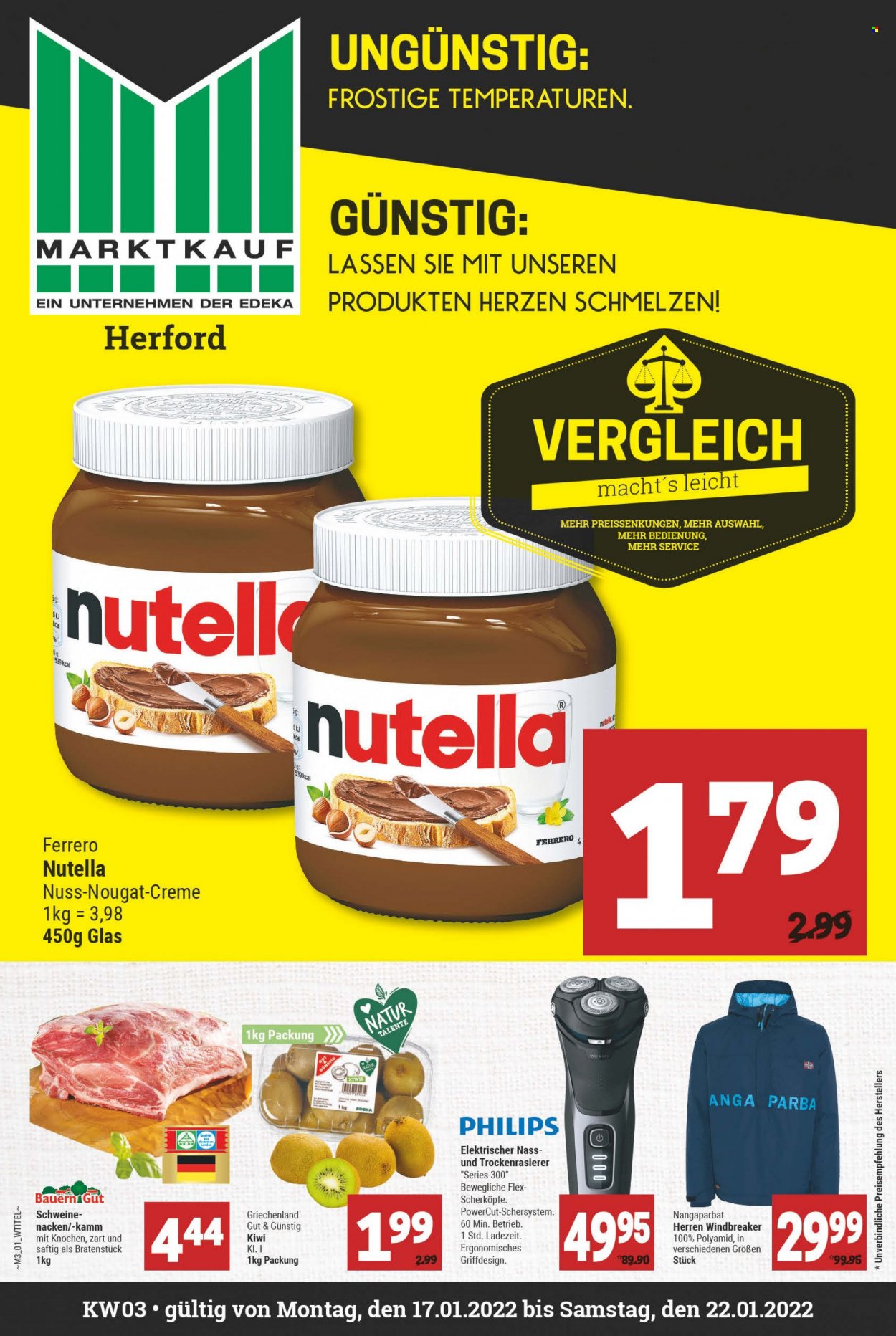thumbnail - Prospekte Marktkauf - 17.01.2022 - 22.01.2022 - Produkte in Aktion - Philips, Schweinefleisch, Ferrero, Nutella. Seite 1.