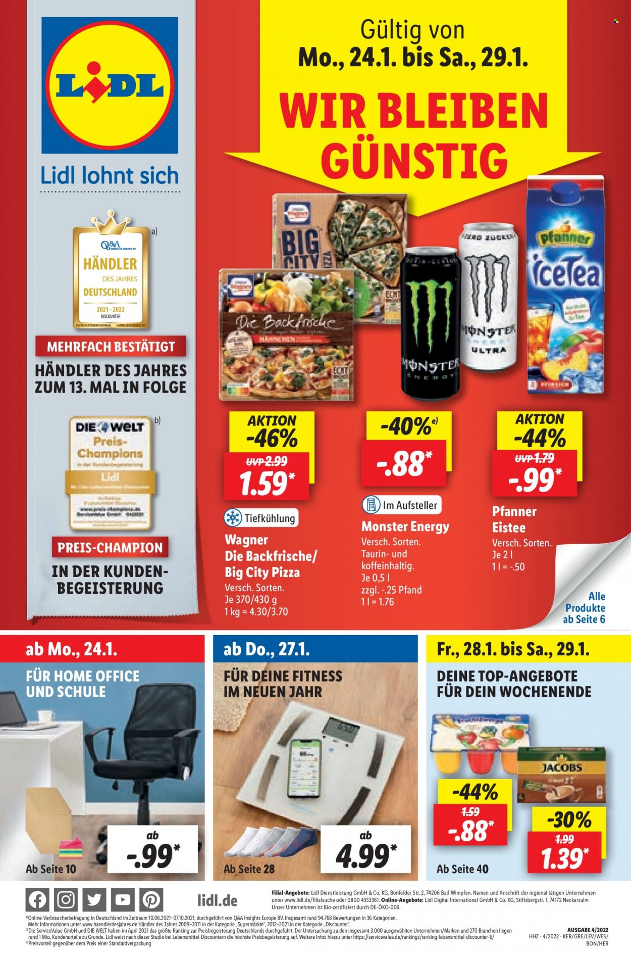thumbnail - Prospekte Lidl - 24.01.2022 - 29.01.2022 - Produkte in Aktion - Pizza, Eistee, Energiegetränk, Monster Energy, Pfanner, Kaffee, Jacobs, Office. Seite 1.