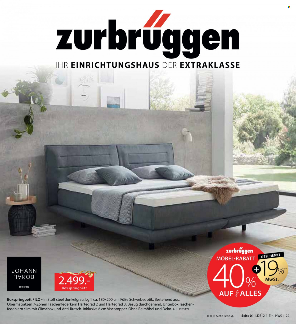 thumbnail - Prospekte Zurbrüggen - 19.01.2022 - 19.02.2022 - Produkte in Aktion - Boxspringbett, Tasche. Seite 1.