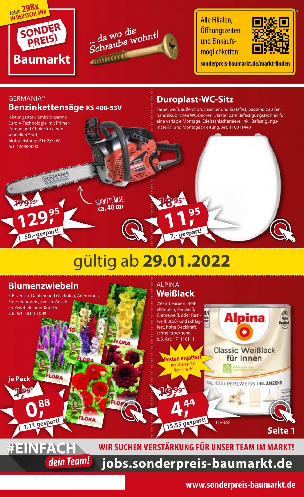 thumbnail - Prospekte Sonderpreis-Baumarkt - 29.01.2022 - 4.02.2022 - Produkte in Aktion - WC-Sitz, Alpina, Weißlack, Gladiolen. Seite 1.