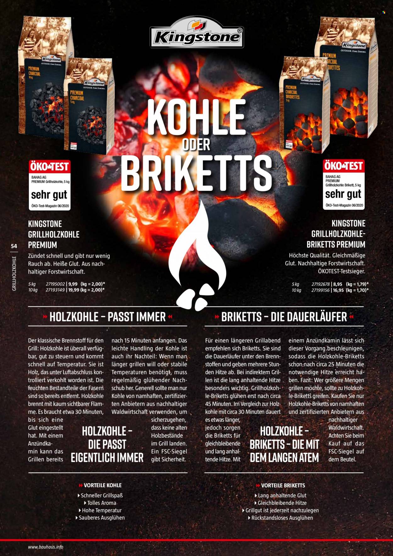 thumbnail - Prospekte Bauhaus - 6.02.2022 - 30.06.2022 - Produkte in Aktion - Anzündkamin, Holz, Grillkohle, Grillbriketts. Seite 54.