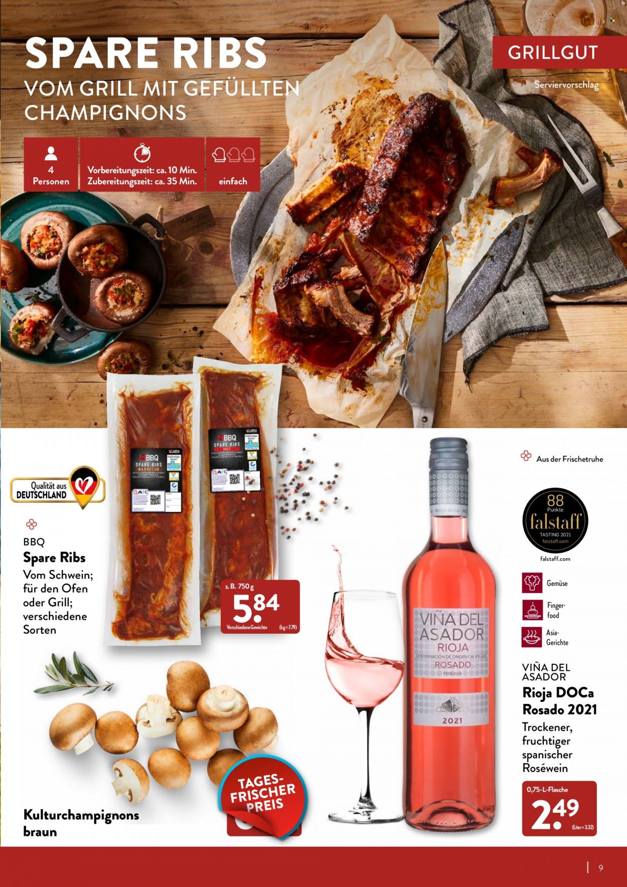thumbnail - Prospekte ALDI Nord - Produkte in Aktion - Braun, Rippen, Champignons, Wein, Rioja, Roséwein. Seite 9.