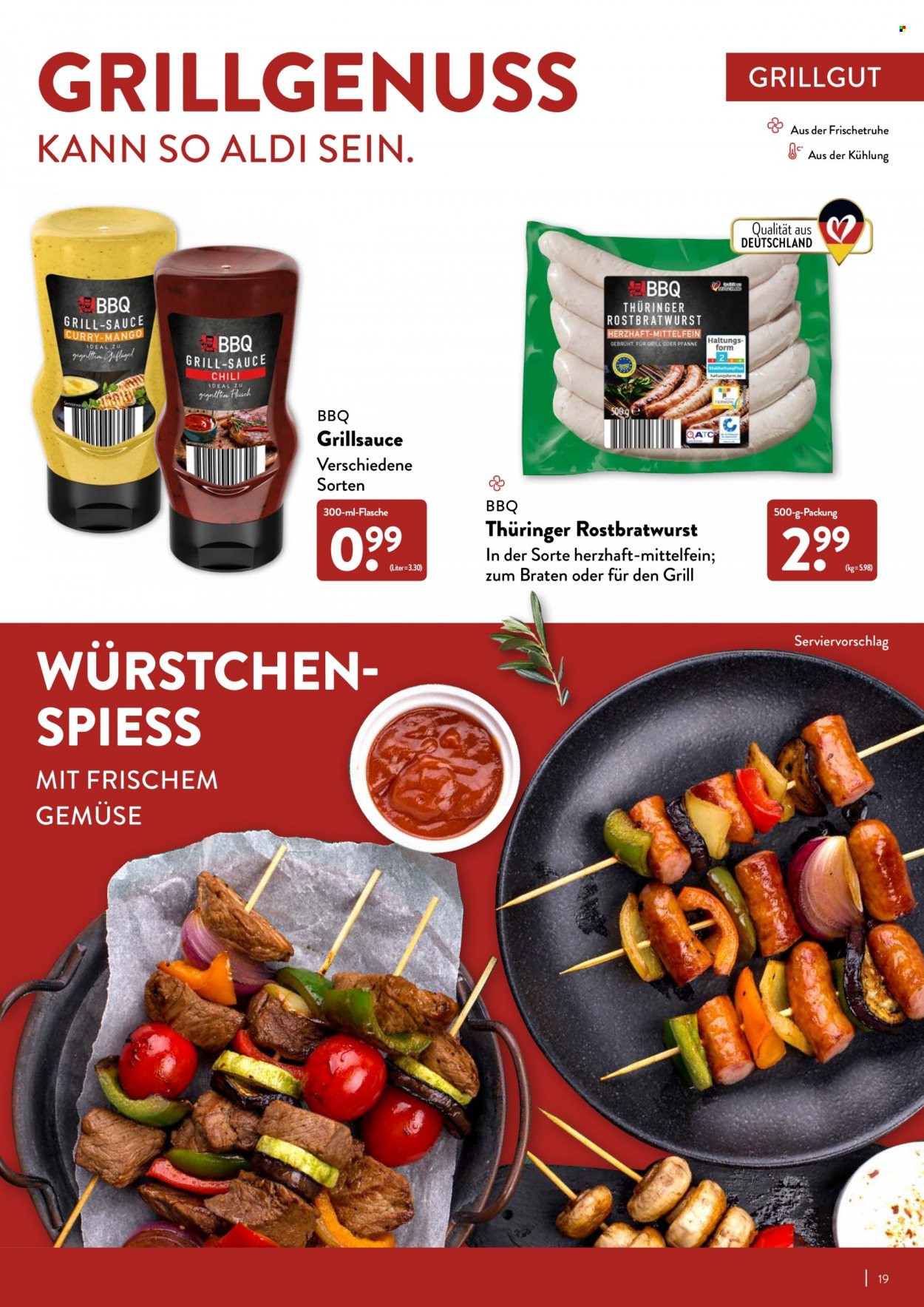 thumbnail - Prospekte ALDI Nord - Produkte in Aktion - Fleischspieße, Mango, Wurst, Bratwurst, Grillbratwurst, Rostbratwurst, Grillsauce, Soße, Pfanne. Seite 19.
