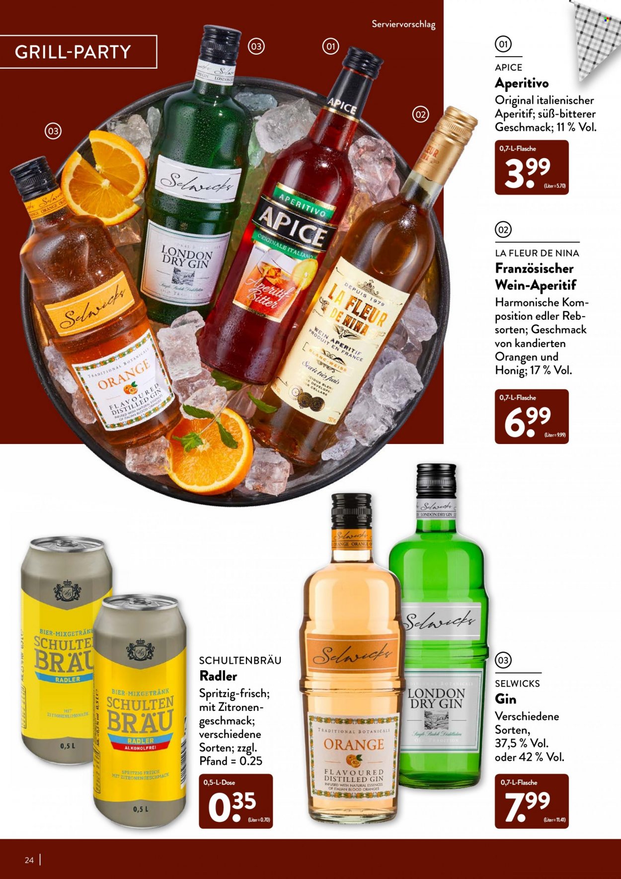 thumbnail - Prospekte ALDI Nord - Produkte in Aktion - Bier, Alkohol, Radler, Zitronen, Orangen, Mixgetränk, Wein, London Dry Gin, Gin, Aperitif. Seite 24.