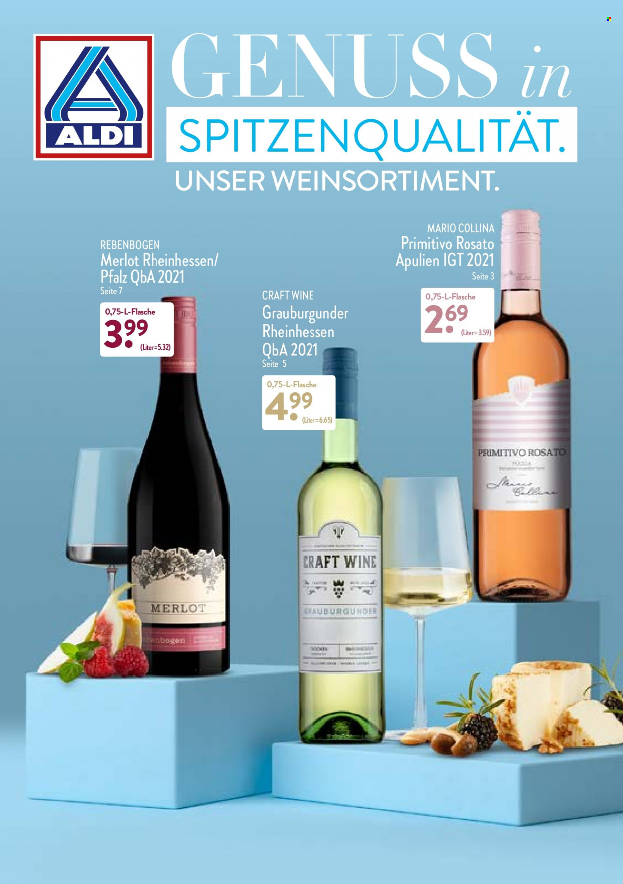 thumbnail - Prospekte ALDI Nord - Produkte in Aktion - Wein, Primitivo, Merlot, Grauburgunder. Seite 1.