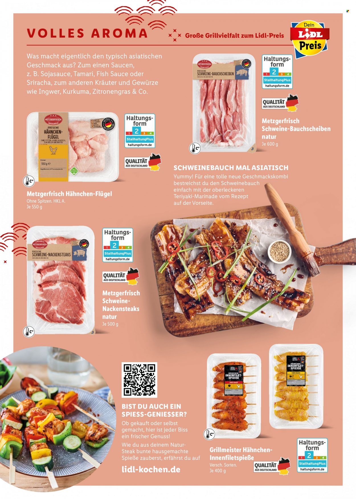 thumbnail - Prospekte Lidl - Produkte in Aktion - Steak, Hähnchenfleisch, Hähnchenflügel, Fleischspieße, frisches Hähnchen, Schweinebauch, Schweinefleisch, Nackensteak, Soße, Sriracha, Sojasauce. Seite 22.