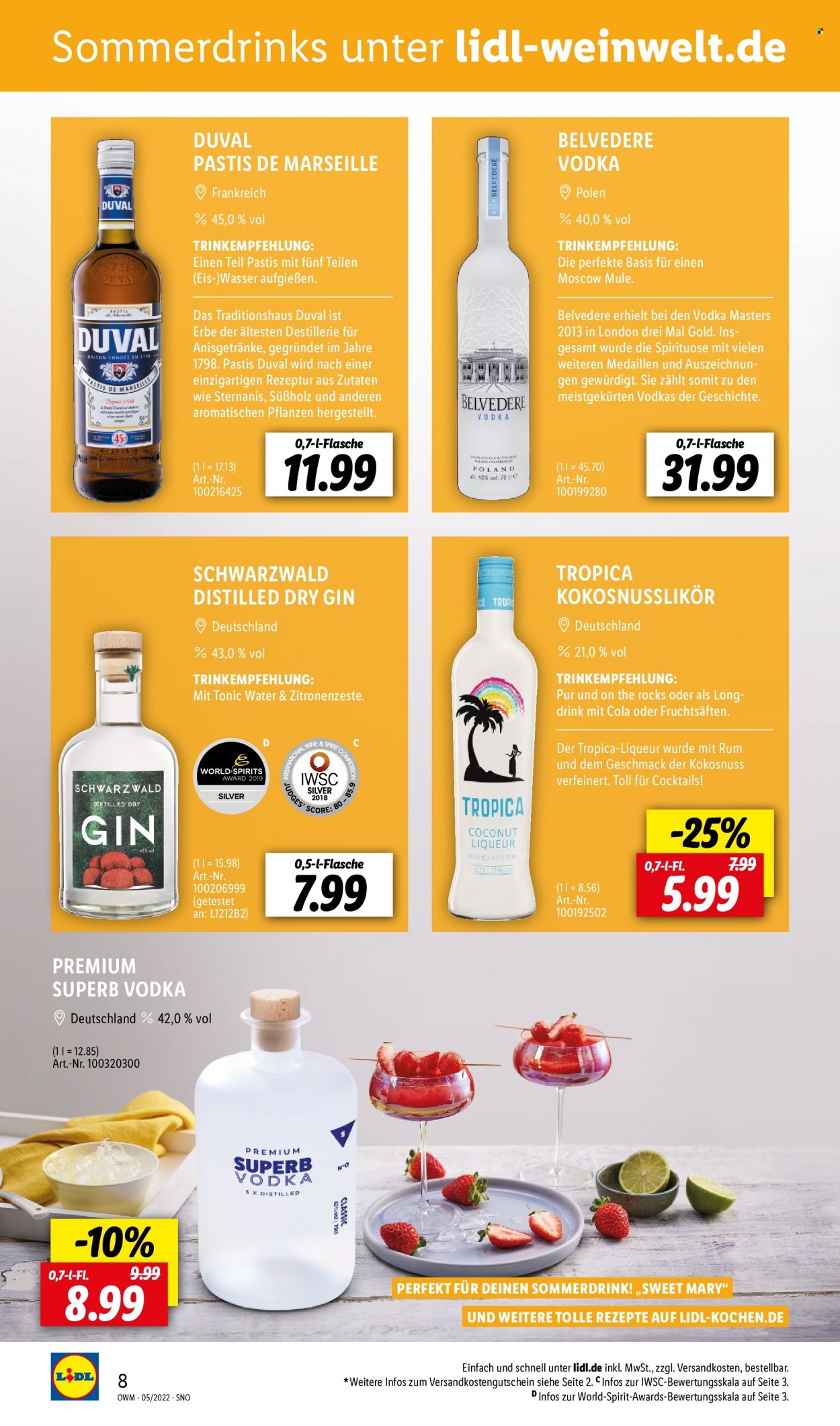 thumbnail - Prospekte Lidl - 29.04.2022 - 31.05.2022 - Produkte in Aktion - Alkohol, Eis, Tonic, Vodka, Gin, Rum, Likör. Seite 8.