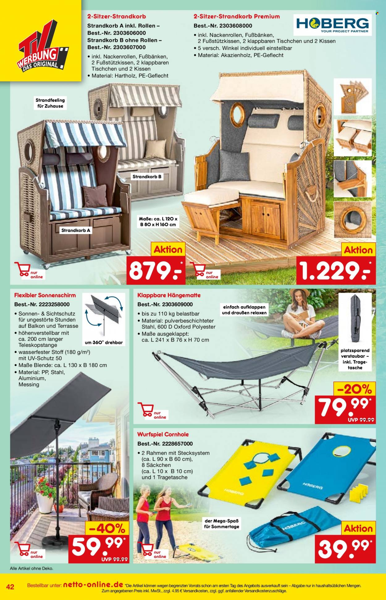 thumbnail - Prospekte Netto Marken-Discount - 1.05.2022 - 27.05.2022 - Produkte in Aktion - Kissen, Strandkorb, Tasche, Sonnenschirm, Hängematte. Seite 42.