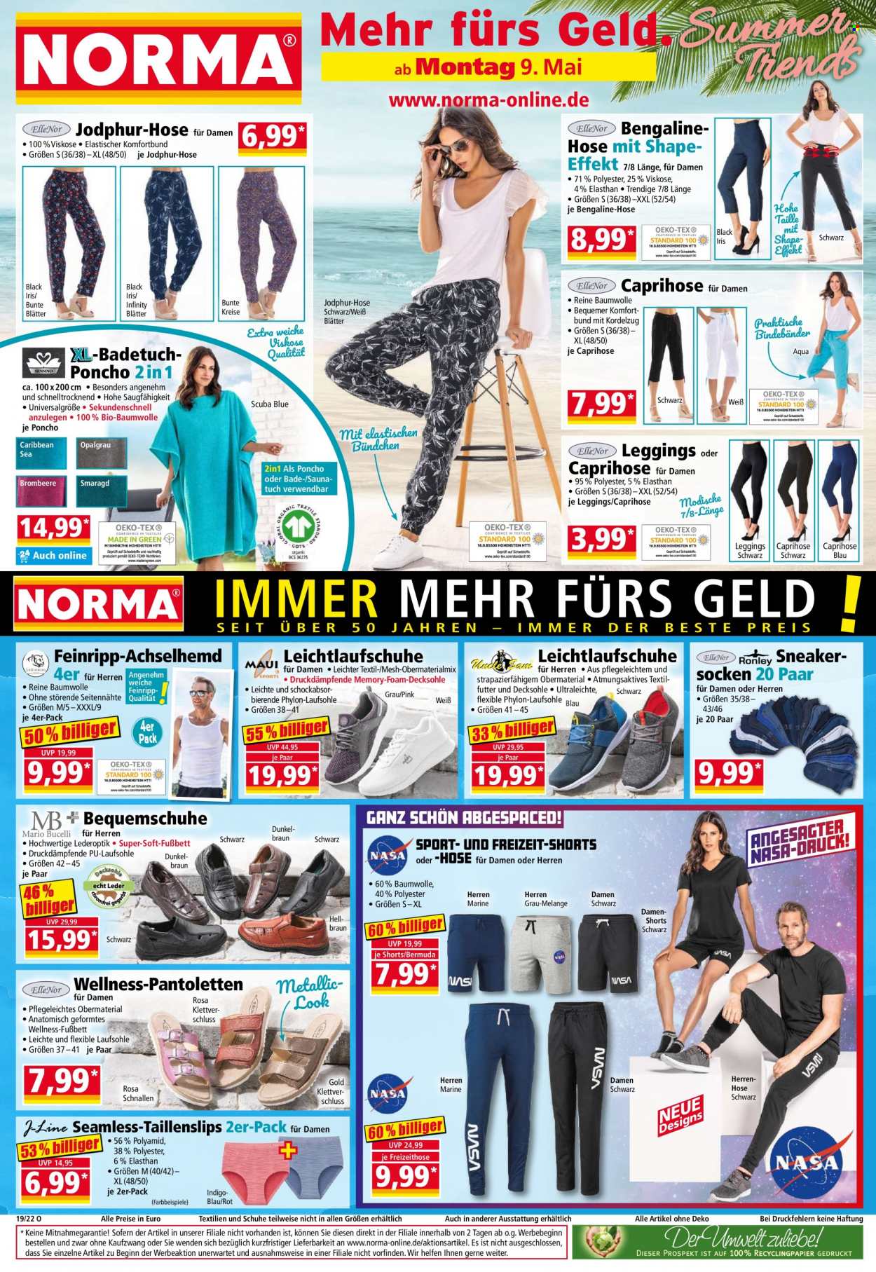 Prospekte Norma - 9.05.2022 - 15.05.2022 - Produkte in Aktion - Braun, Sneaker, Badetuch, Leggings, Hose, Shorts, Caprihose, Socken. Seite 1.