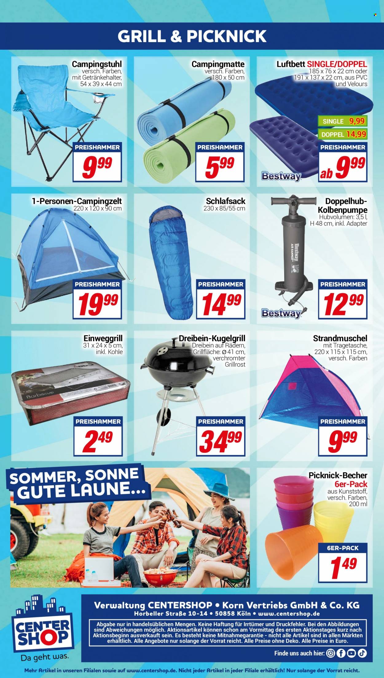 thumbnail - Prospekte CENTERSHOP - Produkte in Aktion - Becher, Schlafsack, Zelt, Campingmatte, Grill, Einweggrill. Seite 12.