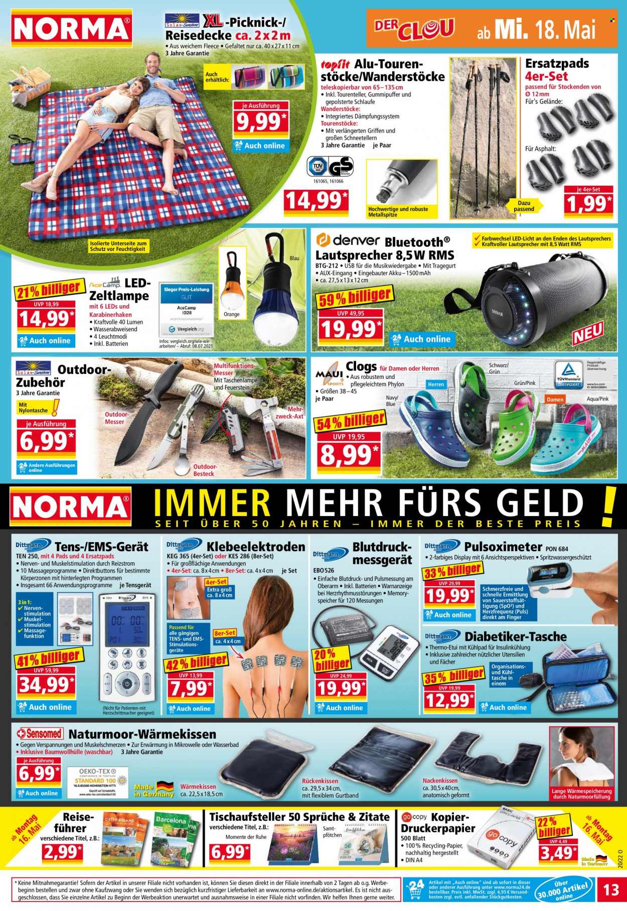 thumbnail - Prospekte Norma - 16.05.2022 - 22.05.2022 - Produkte in Aktion - Clogs, Lautsprecher, Mikrowelle, Rückenkissen, Tasche, Taschenlampe. Seite 13.