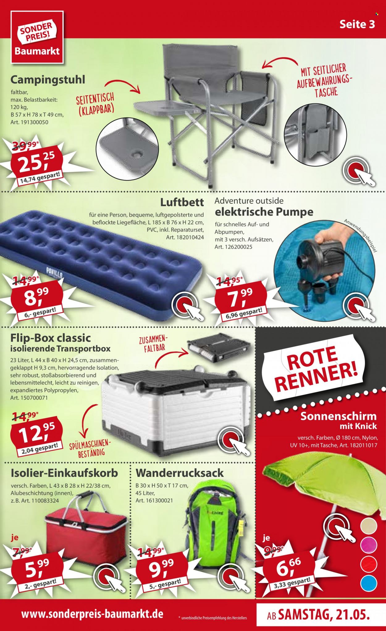 thumbnail - Prospekte Sonderpreis-Baumarkt - 21.05.2022 - 27.05.2022 - Produkte in Aktion - Tasche, Sonnenschirm. Seite 3.