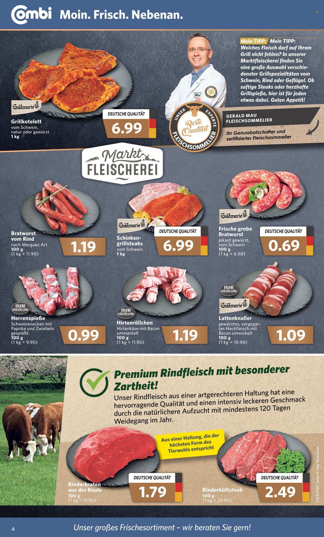 thumbnail - Prospekte Combi - 16.05.2022 - 21.05.2022 - Produkte in Aktion - Steak, Speisezwiebeln, Rinderbraten, Hüftsteak, Rindersteak, Hackfleisch, Schweinehackfleisch, Merguez-Bratwurst, Schweinenacken, Grillspieße, Hirtenröllchen, Schinken, Bratwurst, Käse, Hirtenkäse, Grill. Seite 4.