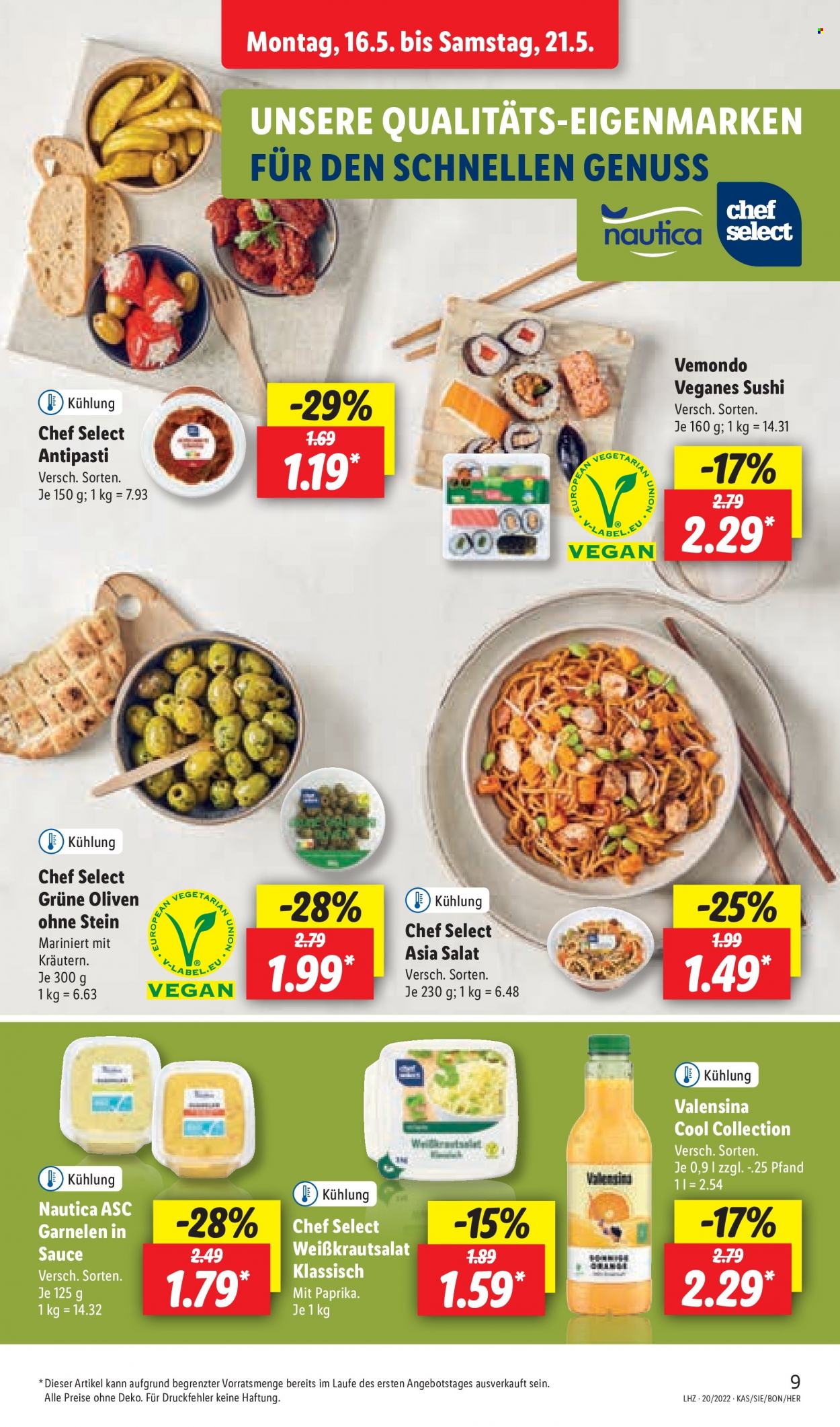 thumbnail - Prospekte Lidl - 16.05.2022 - 21.05.2022 - Produkte in Aktion - Salat, Garnelen, Sushi, Antipasti, Oliven, Soße, Valensina, Getränk. Seite 11.
