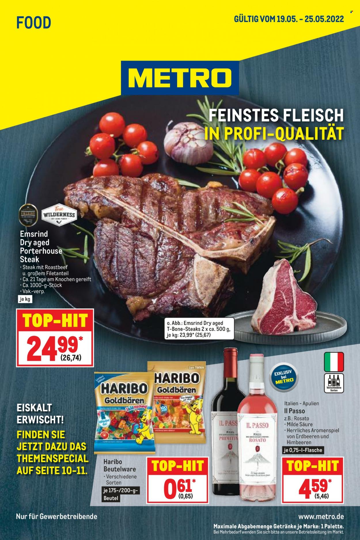 thumbnail - Prospekte Metro - 19.05.2022 - 25.05.2022 - Produkte in Aktion - Steak, Rindfleisch, Roastbeef, Haribo, Bonbons. Seite 1.