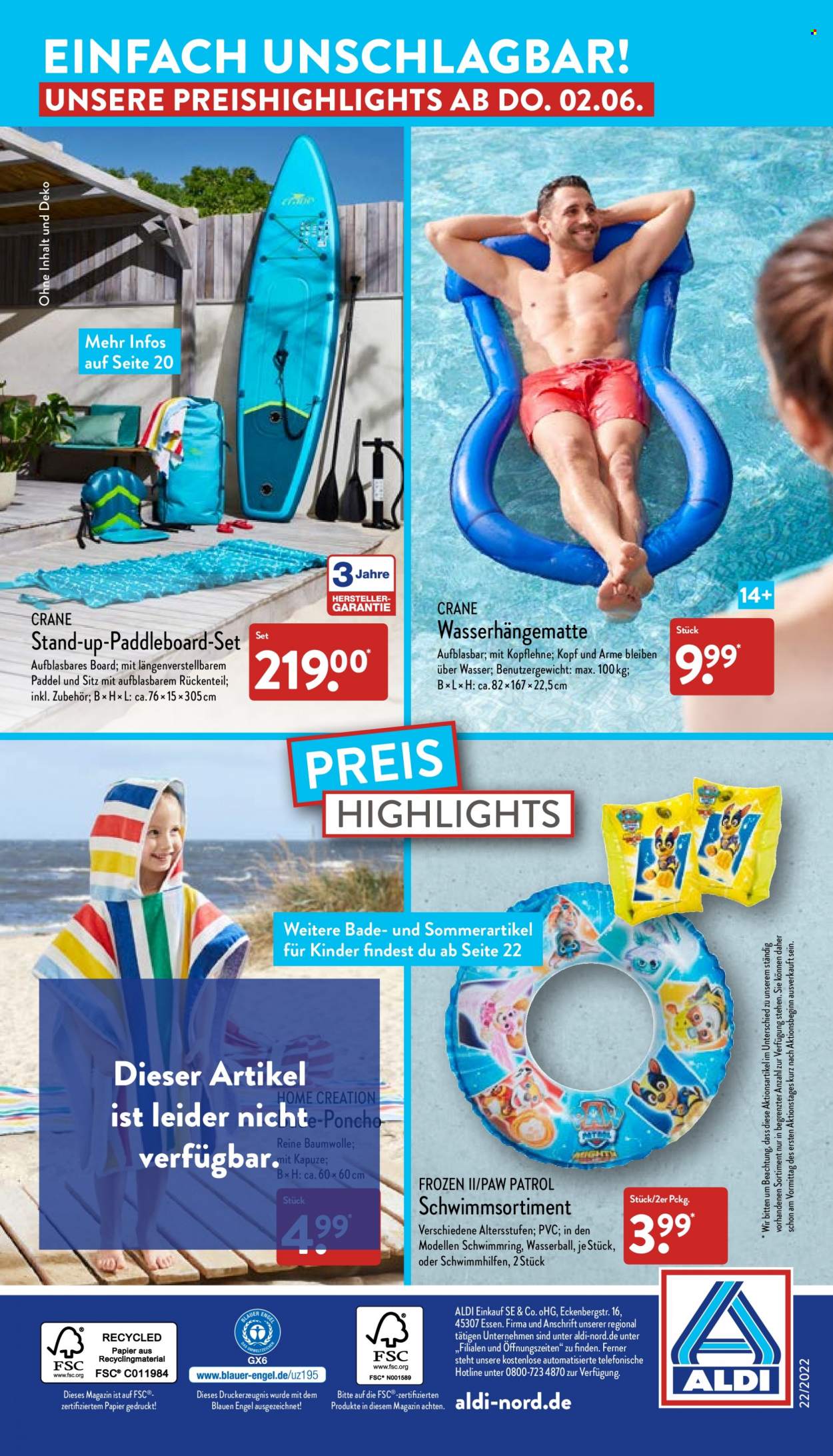 thumbnail - Prospekte ALDI Nord - 30.05.2022 - 4.06.2022 - Produkte in Aktion - Paw Patrol, Engel, Schwimmring, Wasserball, Wasserhängematte. Seite 36.