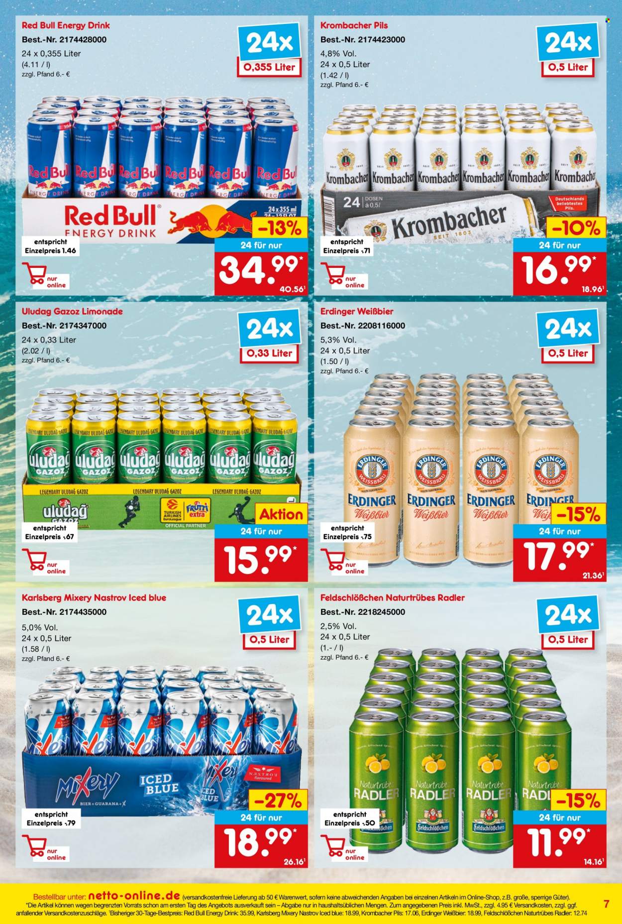 thumbnail - Prospekte Netto Marken-Discount - 27.05.2022 - 30.06.2022 - Produkte in Aktion - Krombacher, Erdinger, Bier, Weißbier, Alkohol, Radler, Red Bull, Energiegetränk, Limonade. Seite 7.