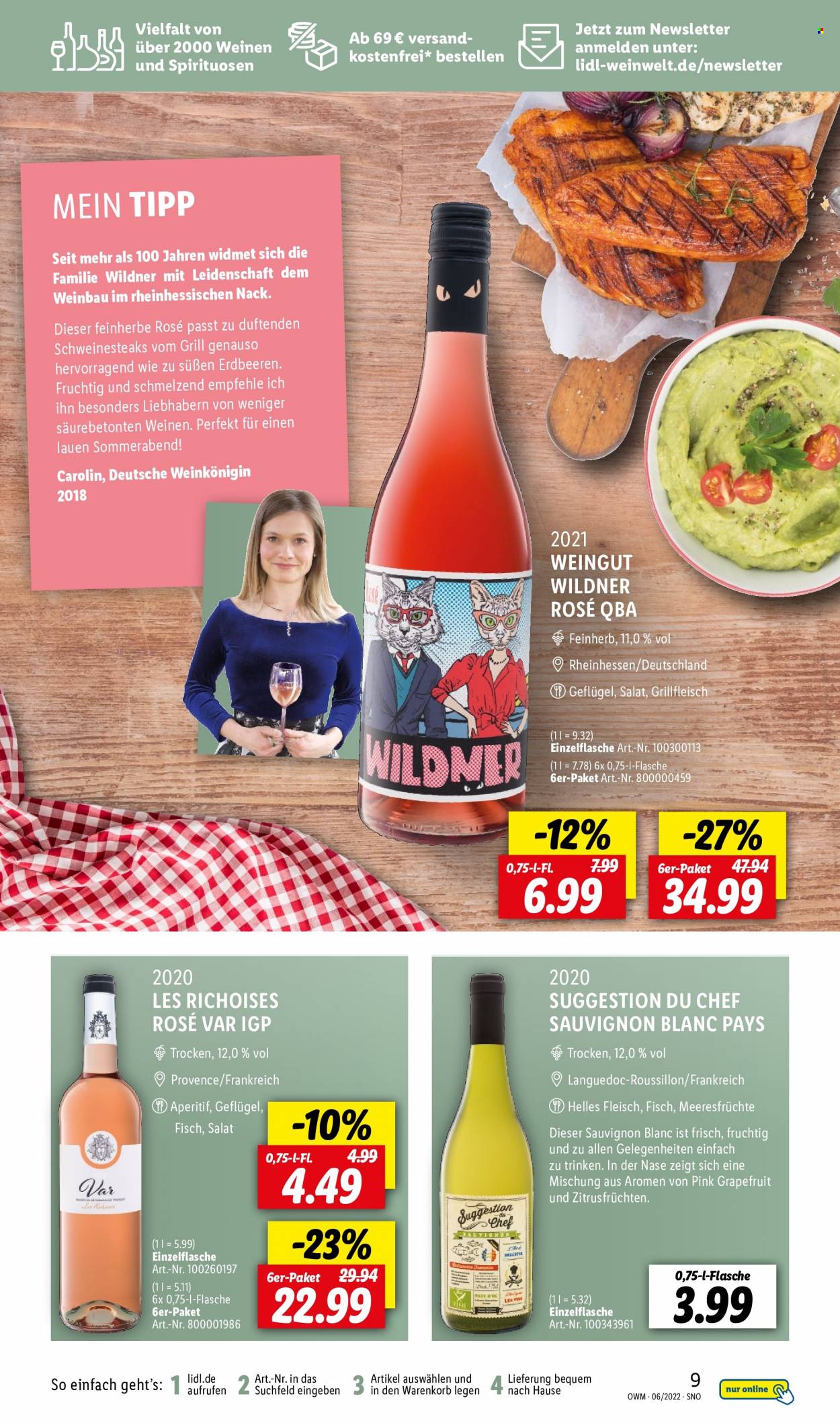 thumbnail - Prospekte Lidl - 1.06.2022 - 30.06.2022 - Produkte in Aktion - Salat, Erdbeeren, Meeresfrüchte, Wein, Weißwein, Sauvignon Blanc, Aperitif. Seite 9.