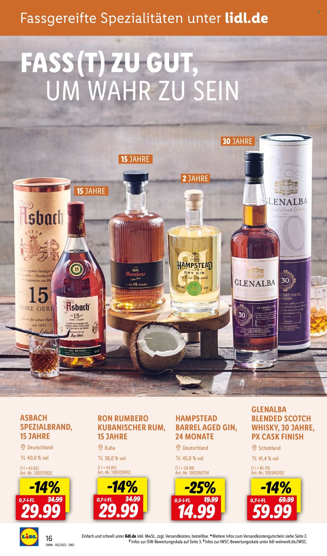 thumbnail - Prospekte Lidl - 1.06.2022 - 30.06.2022 - Produkte in Aktion - Alkohol, Wein, Blended Scotch Whisky, Whiskey, Scotch Whisky, Gin, Rum, Finish, Fa. Seite 16.