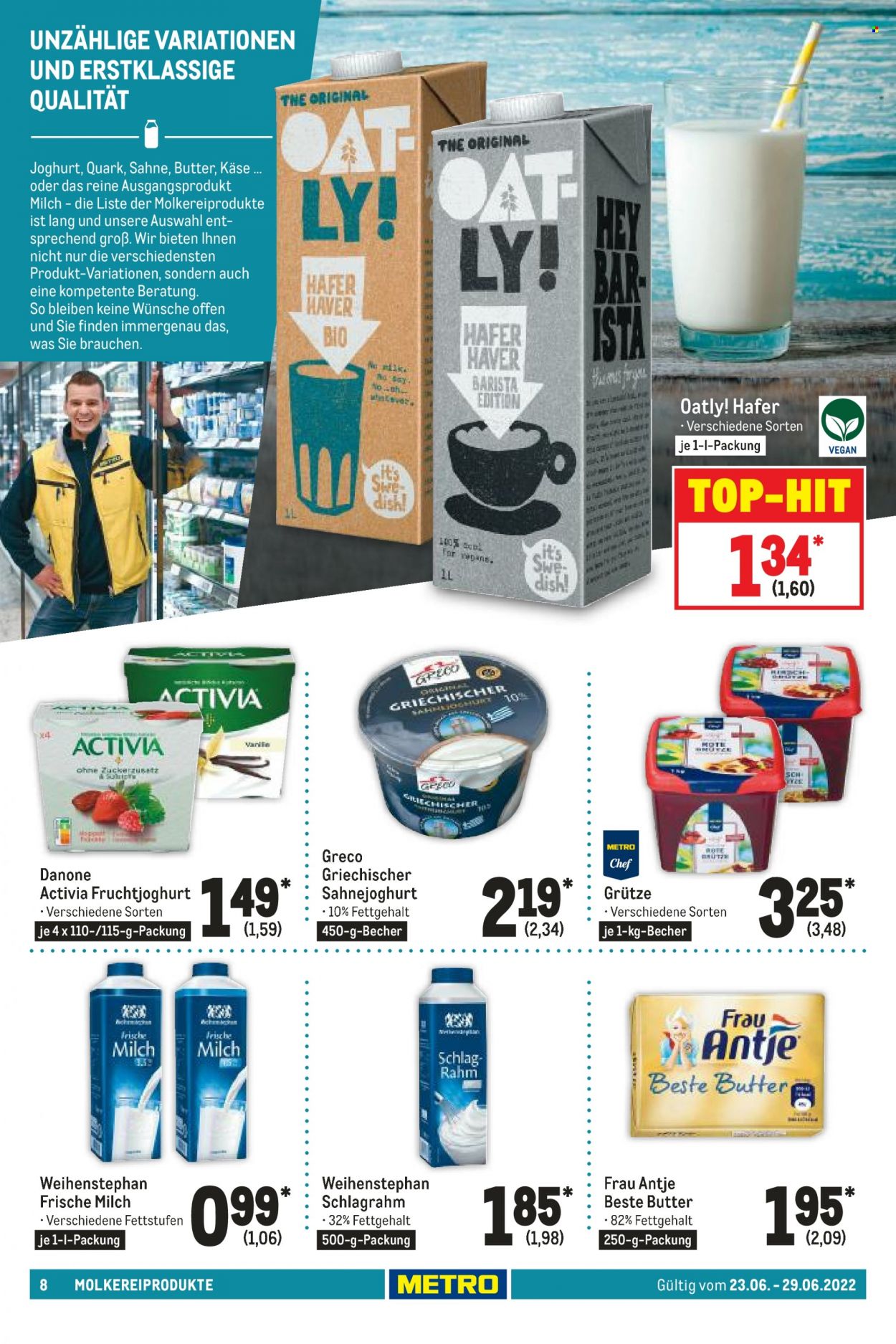 thumbnail - Prospekte Metro - 23.06.2022 - 29.06.2022 - Produkte in Aktion - Weihenstephan, Käse, Danone, Sahnejoghurt, Joghurt, Activia, Fruchtjoghurt, frische Milch, Butter, Sahne. Seite 8.