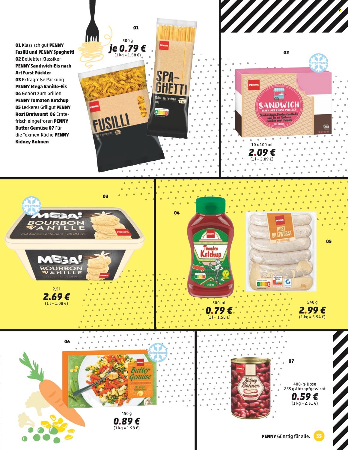 thumbnail - Prospekte Penny - 13.06.2022 - 3.07.2022 - Produkte in Aktion - Sandwich, Waffeln, Bratwurst, Eis, Bohnen, Spaghetti, Fusilli, Tomatenketchup. Seite 35.