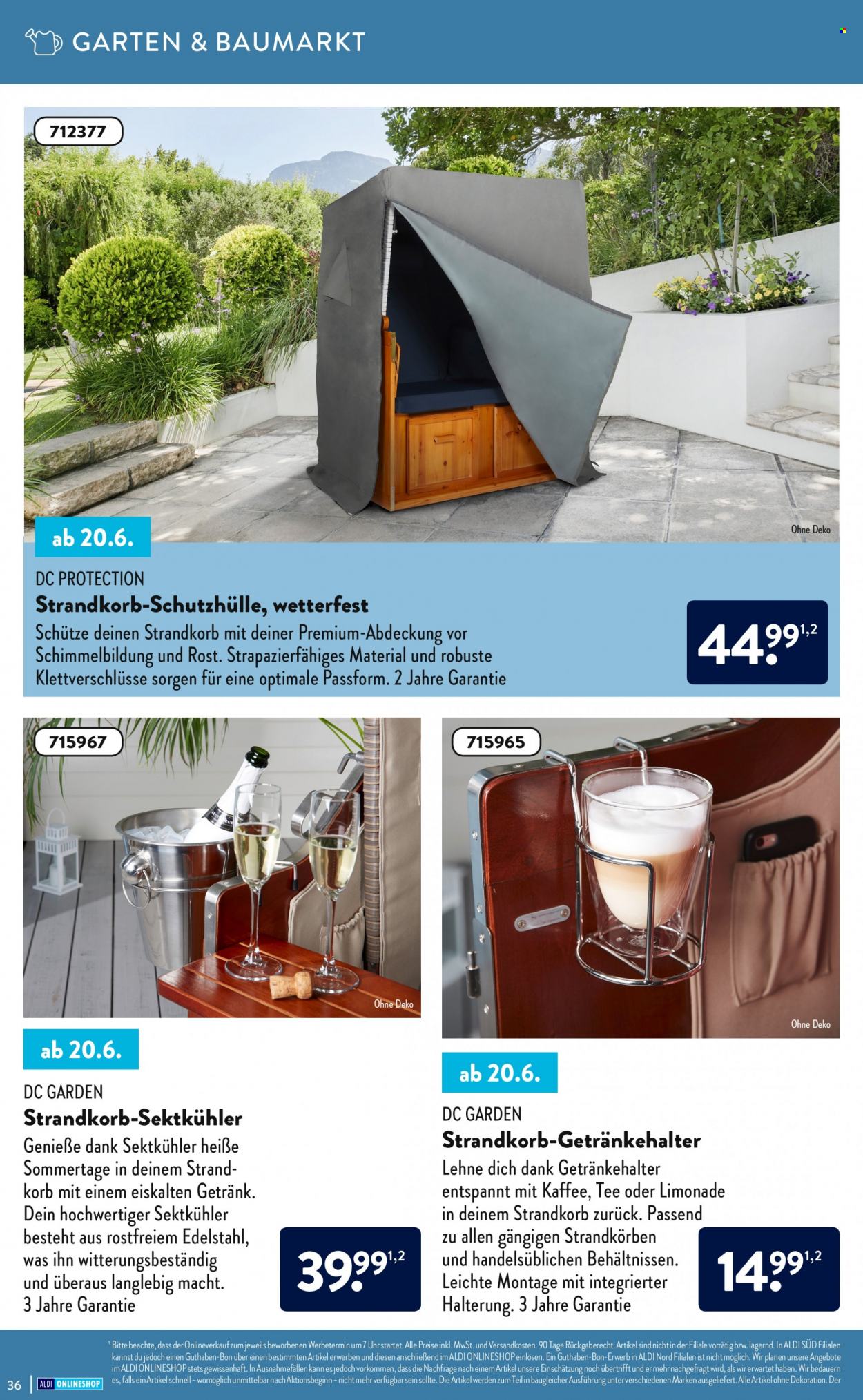 thumbnail - Prospekte ALDI Nord - Produkte in Aktion - Limonade, Getränk, Tee, Kaffee, Schutzhülle, Strandkorb, Dekoration, Schütze, Getränkehalter. Seite 36.