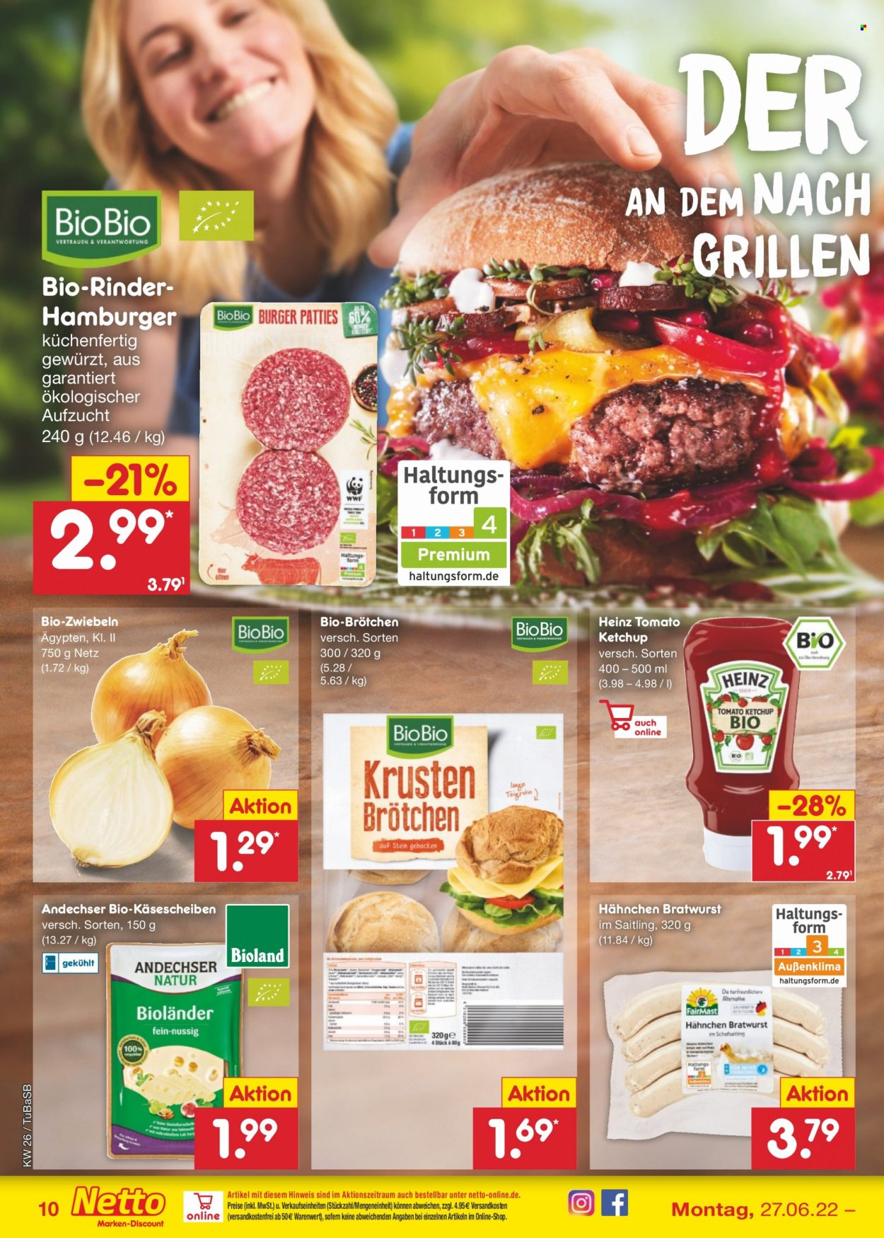 thumbnail - Prospekte Netto Marken-Discount - 27.06.2022 - 2.07.2022 - Produkte in Aktion - Speisezwiebeln, Hamburger, Brötchen, Bratwurst, Käse, Käsescheiben, Heinz, Tomatenketchup. Seite 10.