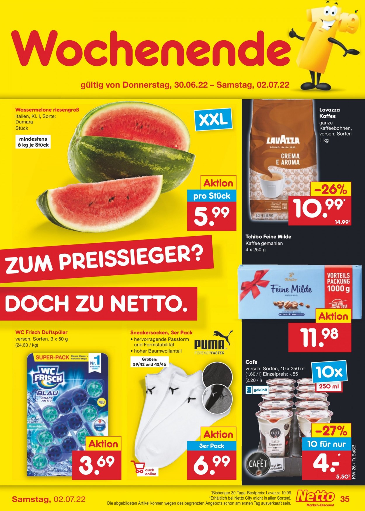 thumbnail - Prospekte Netto Marken-Discount - 27.06.2022 - 2.07.2022 - Produkte in Aktion - Puma, Tchibo, Wassermelone, Melone, Kaffee, Espresso, Lavazza, Socken. Seite 35.