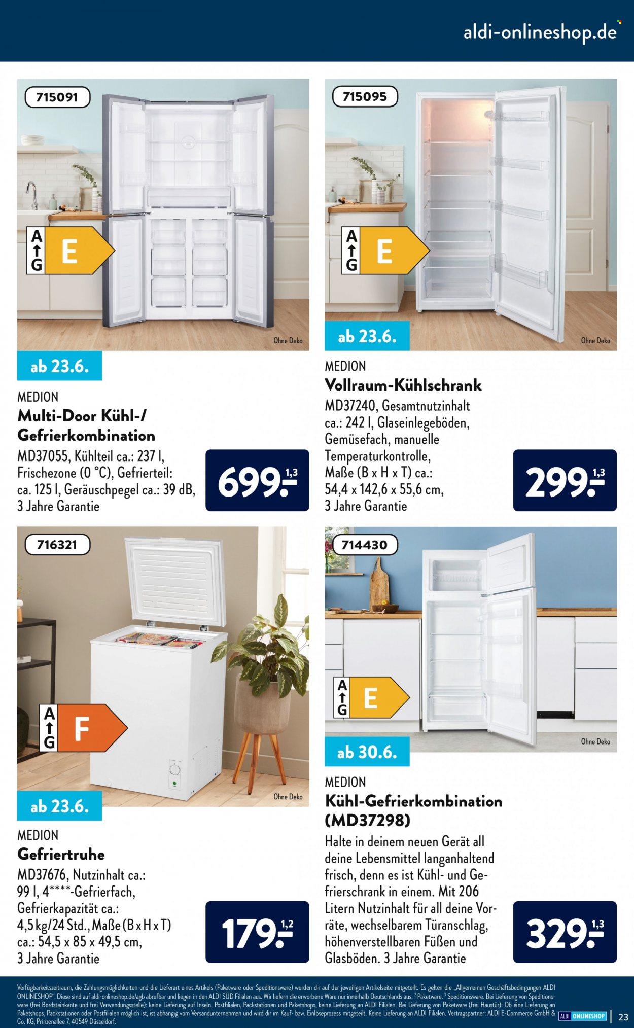 thumbnail - Prospekte ALDI SÜD - Produkte in Aktion - Medion, Kühlschrank, Gefrierschrank, Kühl Gefrier Kombi. Seite 23.
