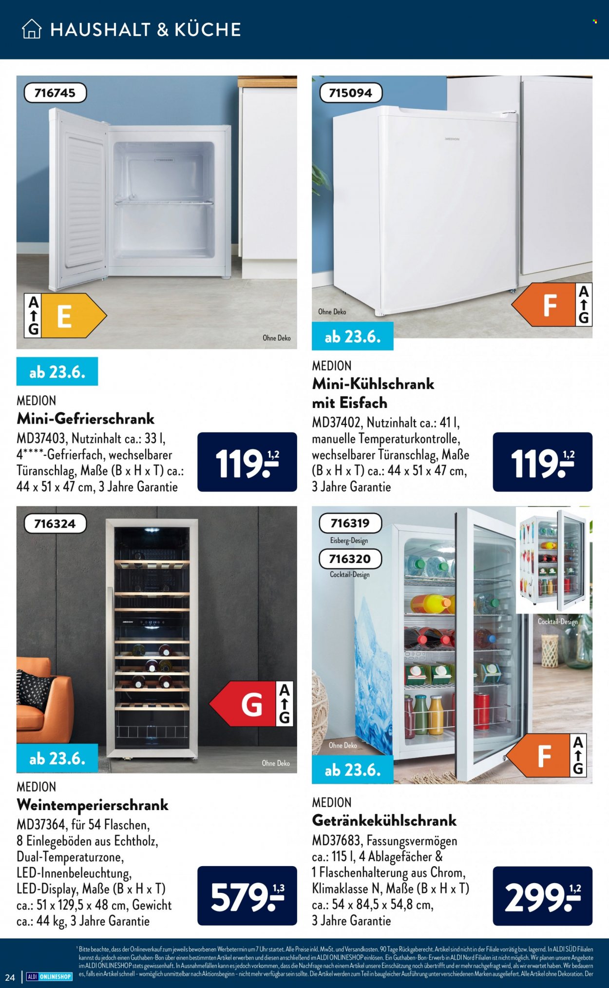 thumbnail - Prospekte ALDI SÜD - Produkte in Aktion - Medion, Kühlschrank, Gefrierschrank, Getränkekühlschrank, Dekoration. Seite 24.