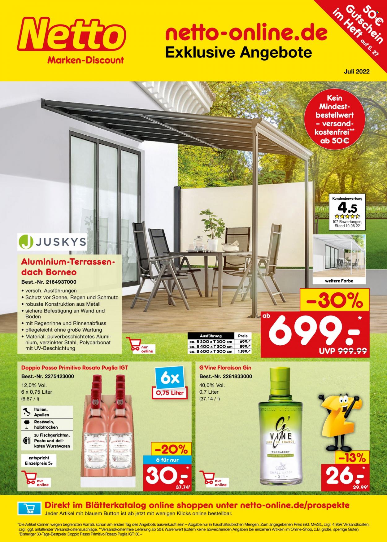 thumbnail - Prospekte Netto Marken-Discount - 30.06.2022 - 31.07.2022 - Produkte in Aktion - Alkohol, Wurstwaren, Wein, Primitivo, Doppio Passo, Roséwein, Gin. Seite 1.