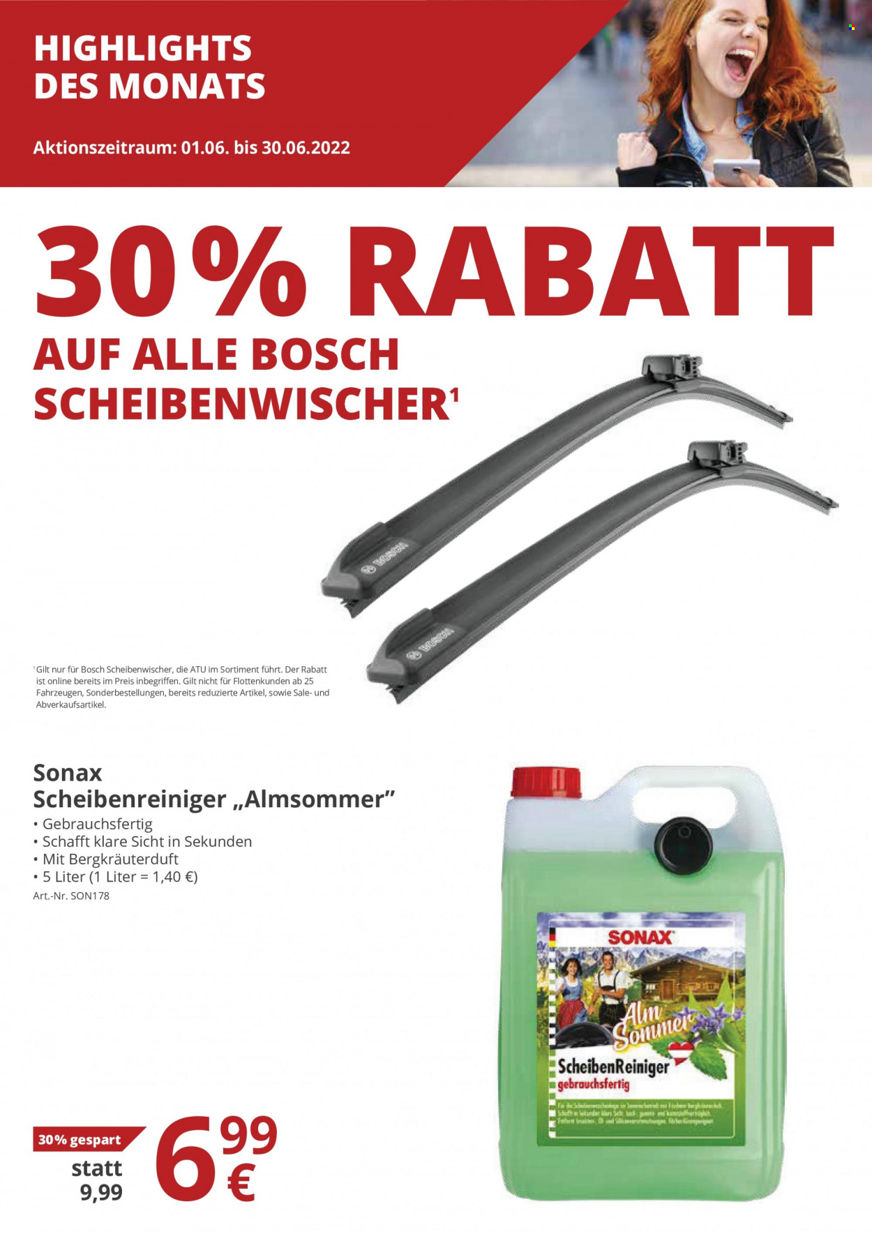 thumbnail - Prospekte A.T.U - 14.06.2022 - 31.08.2022 - Produkte in Aktion - Bosch, Sonax, Scheibenreiniger. Seite 23.