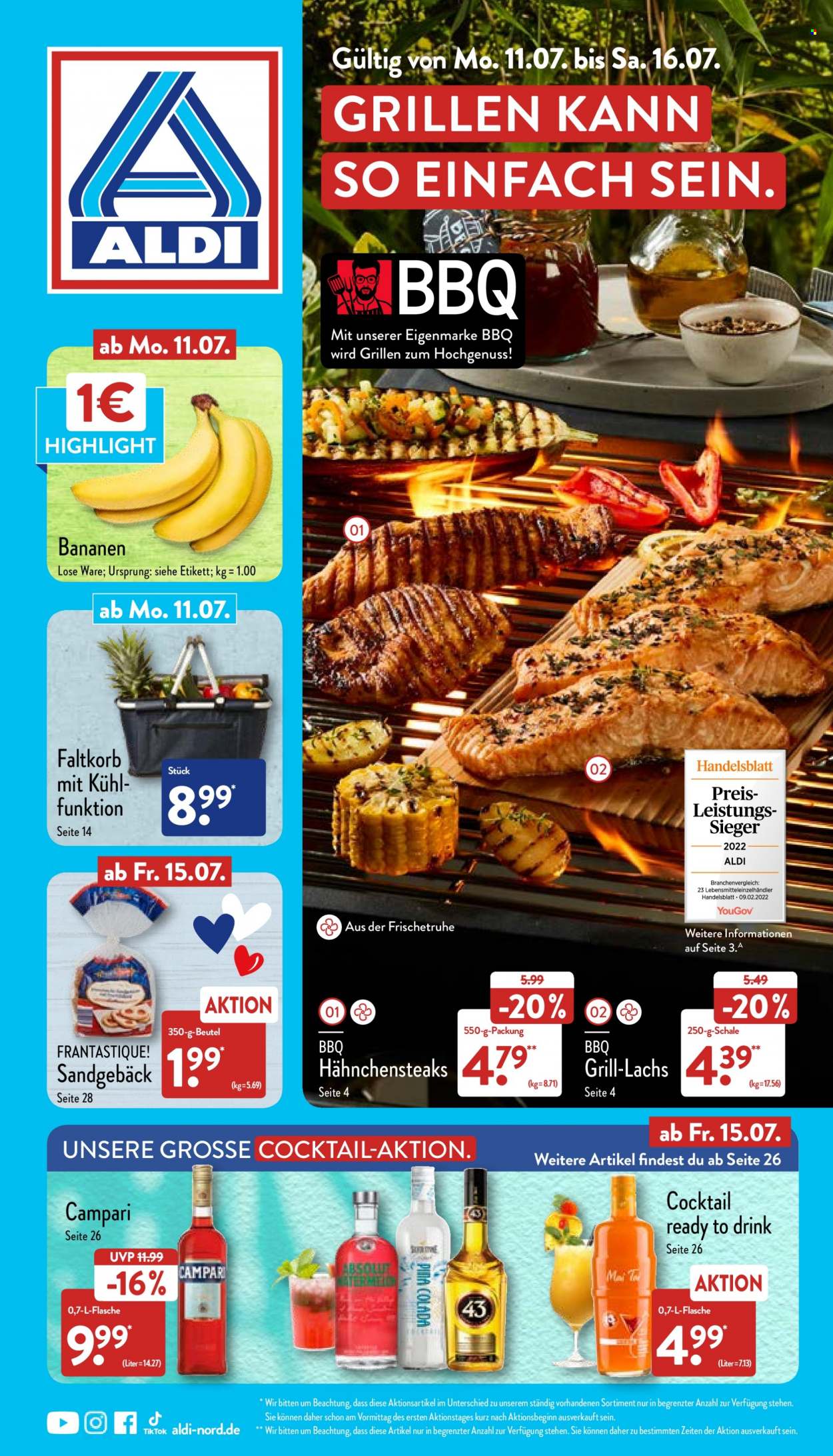 thumbnail - Prospekte ALDI Nord - 11.07.2022 - 16.07.2022 - Produkte in Aktion - Hähnchenfleisch, Hähnchensteak, Alkohol, Bananen, Lachs, Campari, Faltkorb. Seite 1.