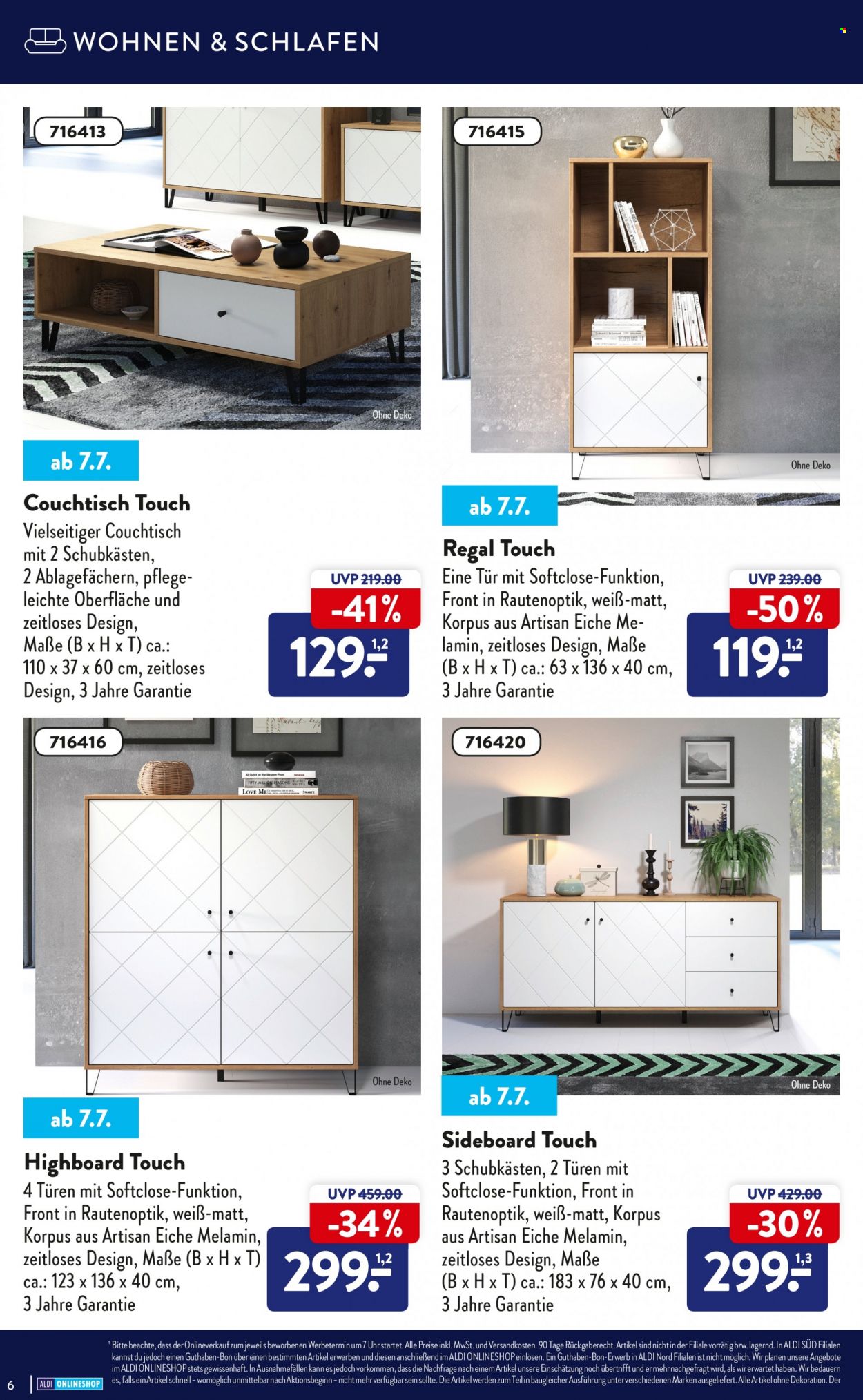 thumbnail - Prospekte ALDI Nord - Produkte in Aktion - Regal, Couchtisch, Sideboard, Highboard, Dekoration. Seite 6.