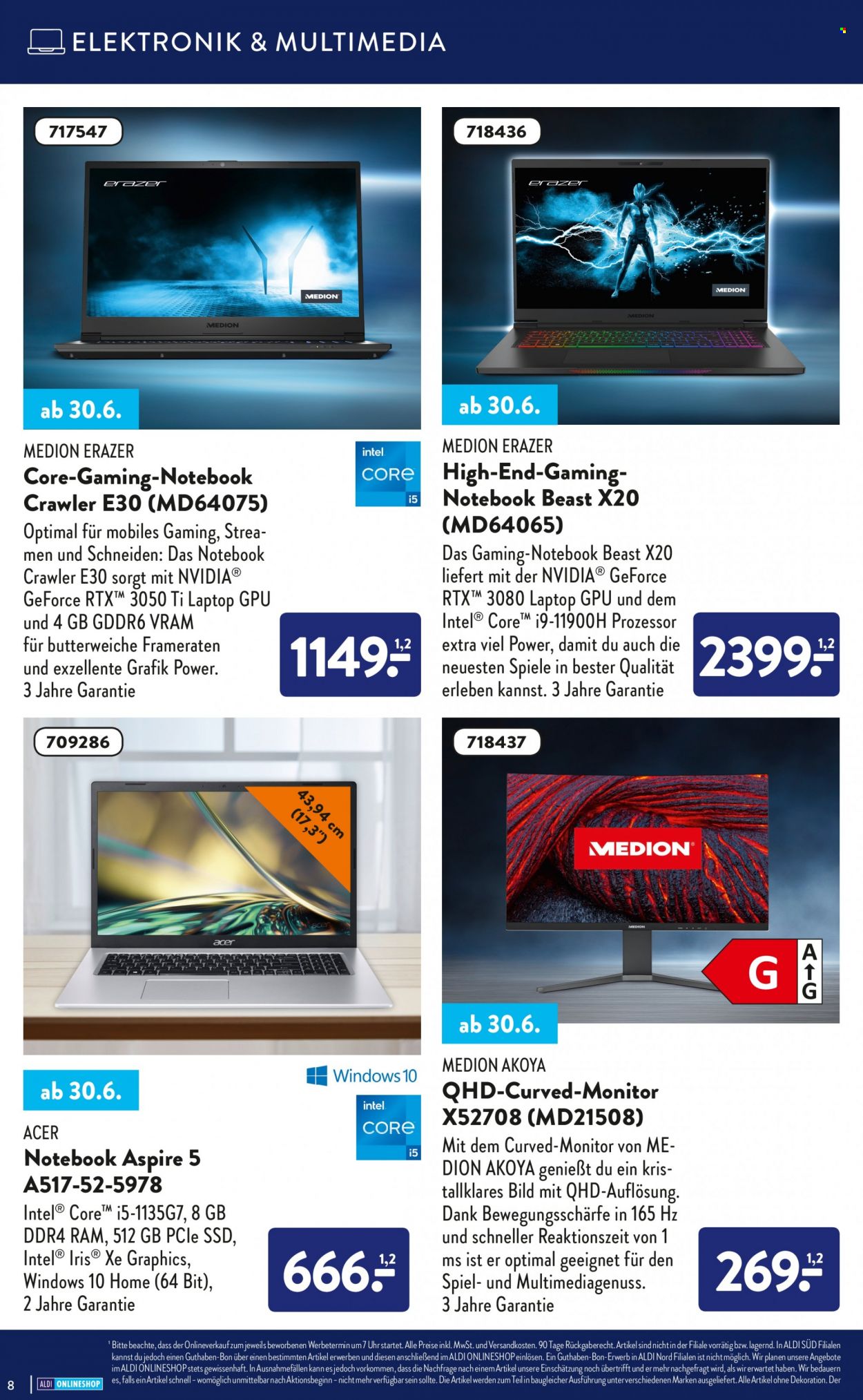 thumbnail - Prospekte ALDI Nord - Produkte in Aktion - Acer, Laptop, Medion Akoya, Monitor, Dekoration. Seite 8.