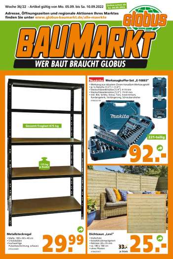Prospekte Globus Baumarkt - 5.09.2022 - 10.09.2022.