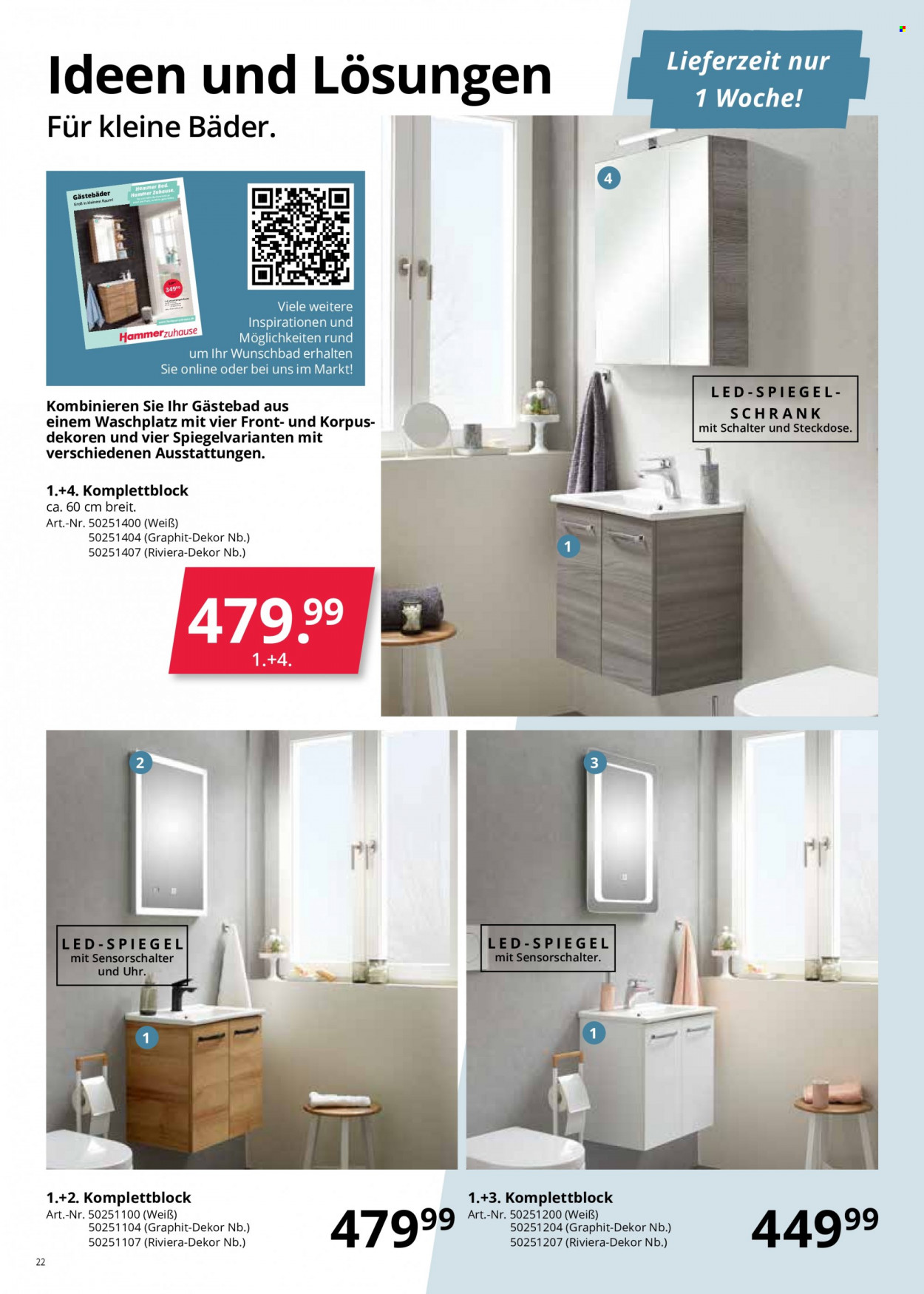 thumbnail - Prospekte Hammer - Produkte in Aktion - Komplettblock, Waschplatz, Spiegelschrank, Spiegel. Seite 22.