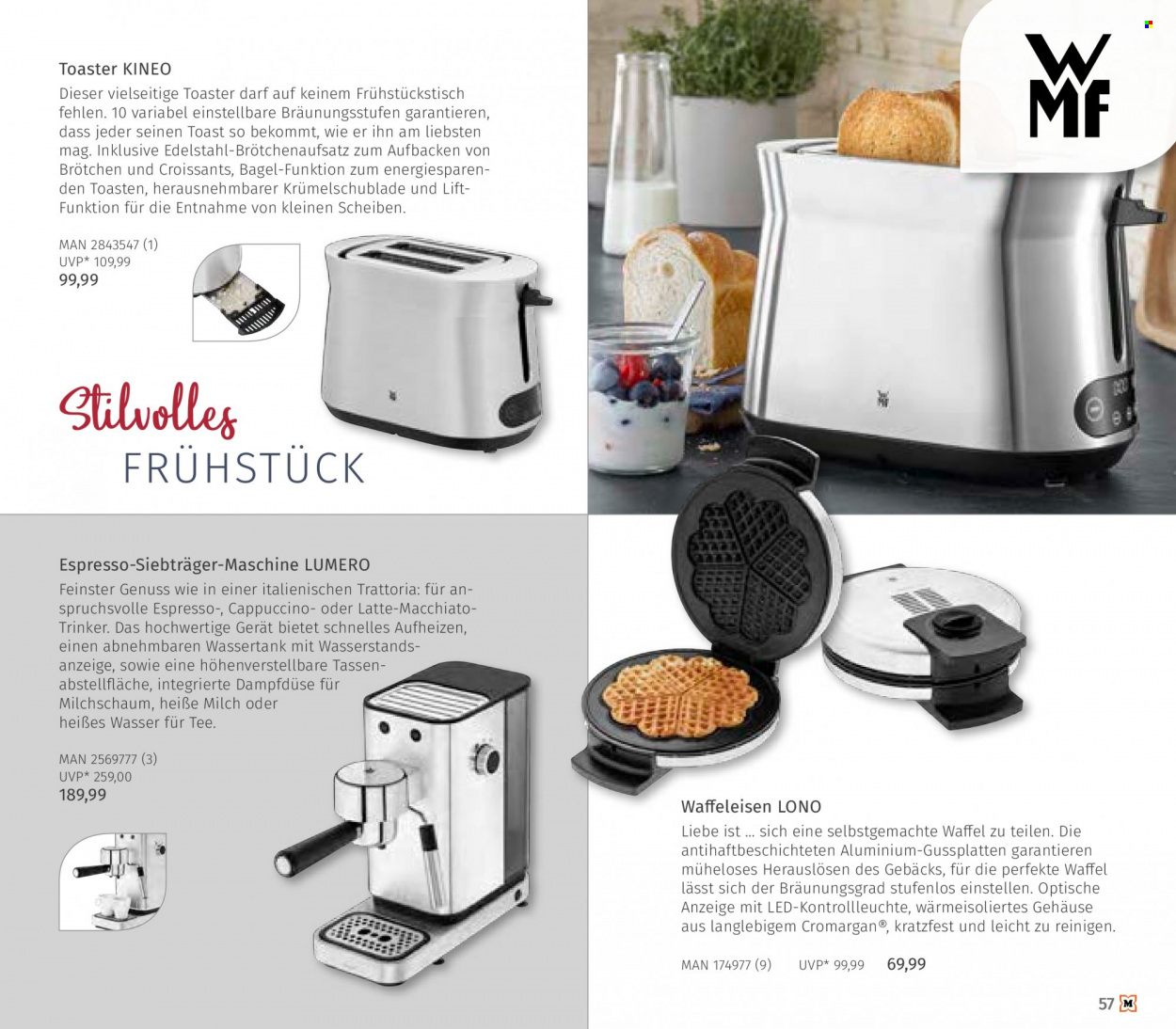 thumbnail - Prospekte Müller - 1.10.2022 - 31.12.2022 - Produkte in Aktion - Brötchen, Bagel, Croissant, Tee, Kaffee, Espresso, Cappuccino, Waffeleisen, Toaster. Seite 57.