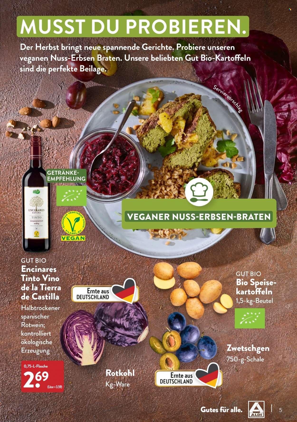 thumbnail - Prospekte ALDI Nord - Produkte in Aktion - Speisekartoffeln, Rotkohl, Kartoffeln, Erbsen, Wein, Rotwein. Seite 5.