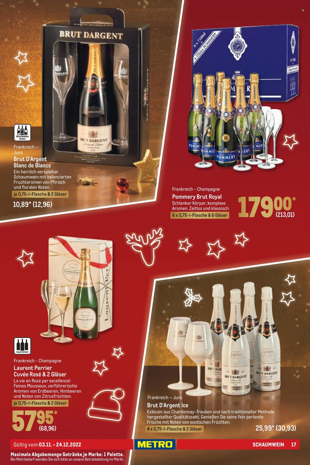 thumbnail - Prospekte Metro - 3.11.2022 - 24.12.2022 - Produkte in Aktion - Wein, Champagne, Chardonnay, Gläser. Seite 17.