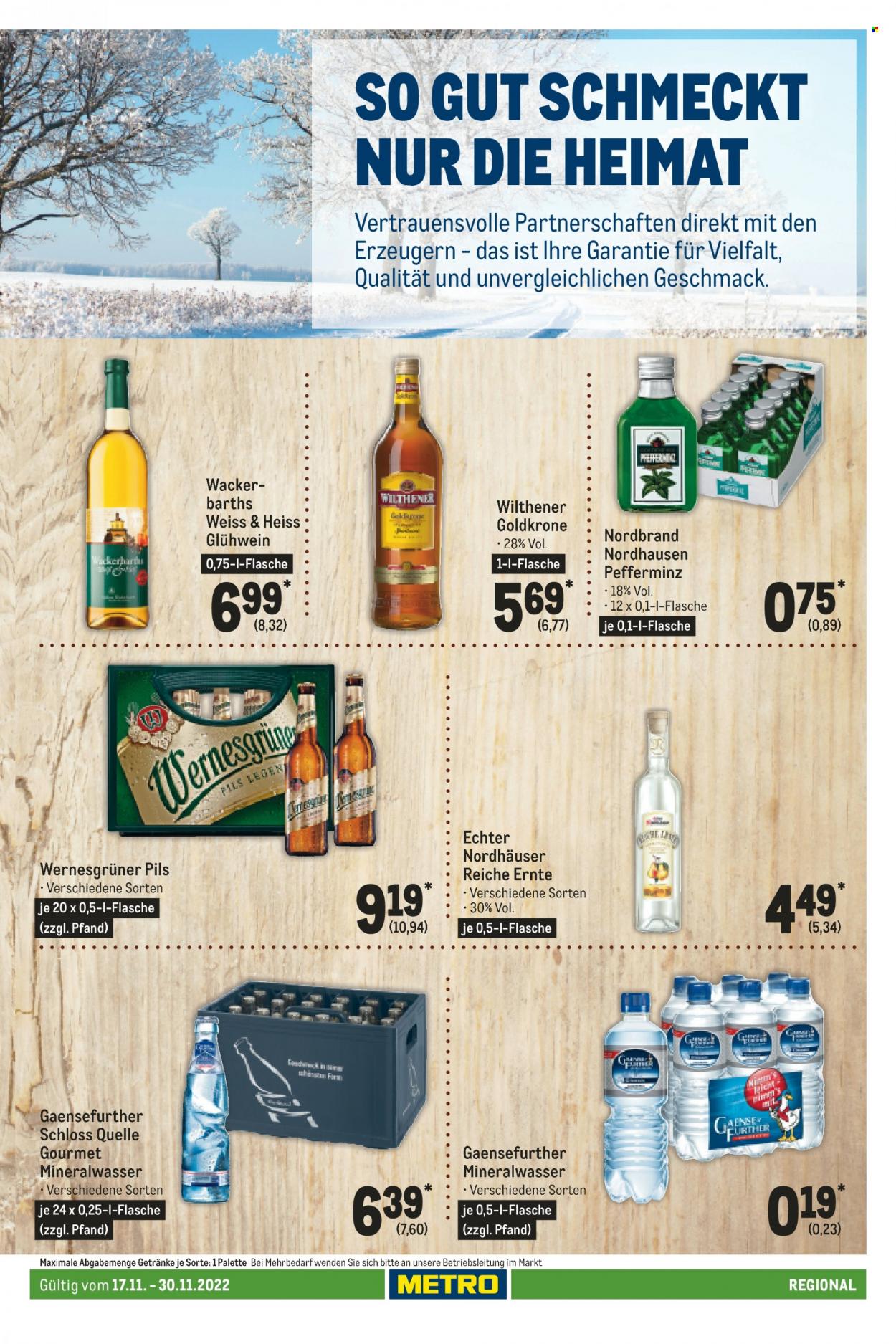 thumbnail - Prospekte Metro - 17.11.2022 - 30.11.2022 - Produkte in Aktion - Bier, Alkohol, Mineralwasser, Glühwein, Wilthener Goldkrone. Seite 97.