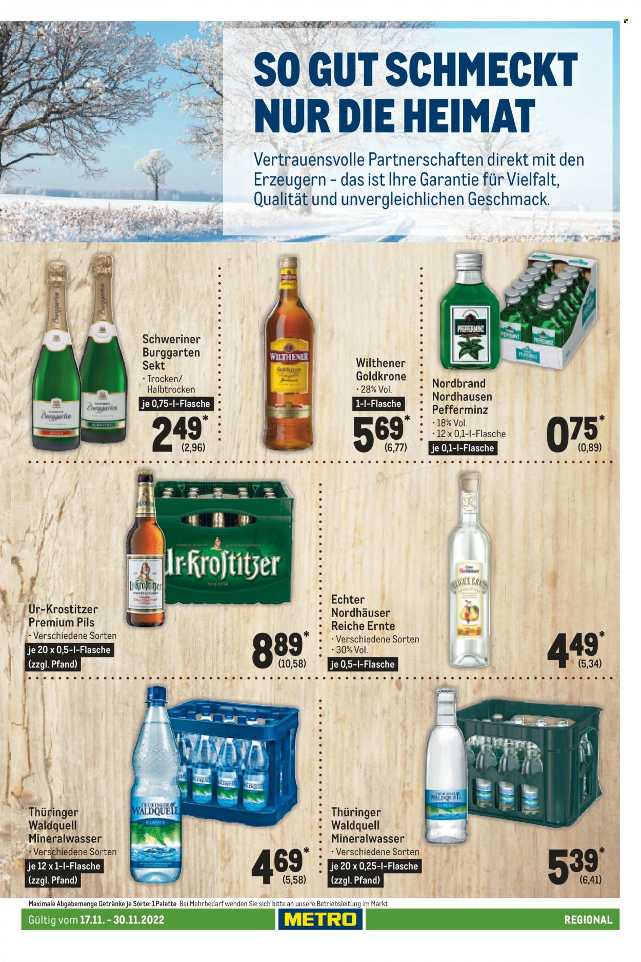 thumbnail - Prospekte Metro - 17.11.2022 - 30.11.2022 - Produkte in Aktion - Bier, Alkohol, Mineralwasser, Sekt, Wilthener Goldkrone. Seite 103.