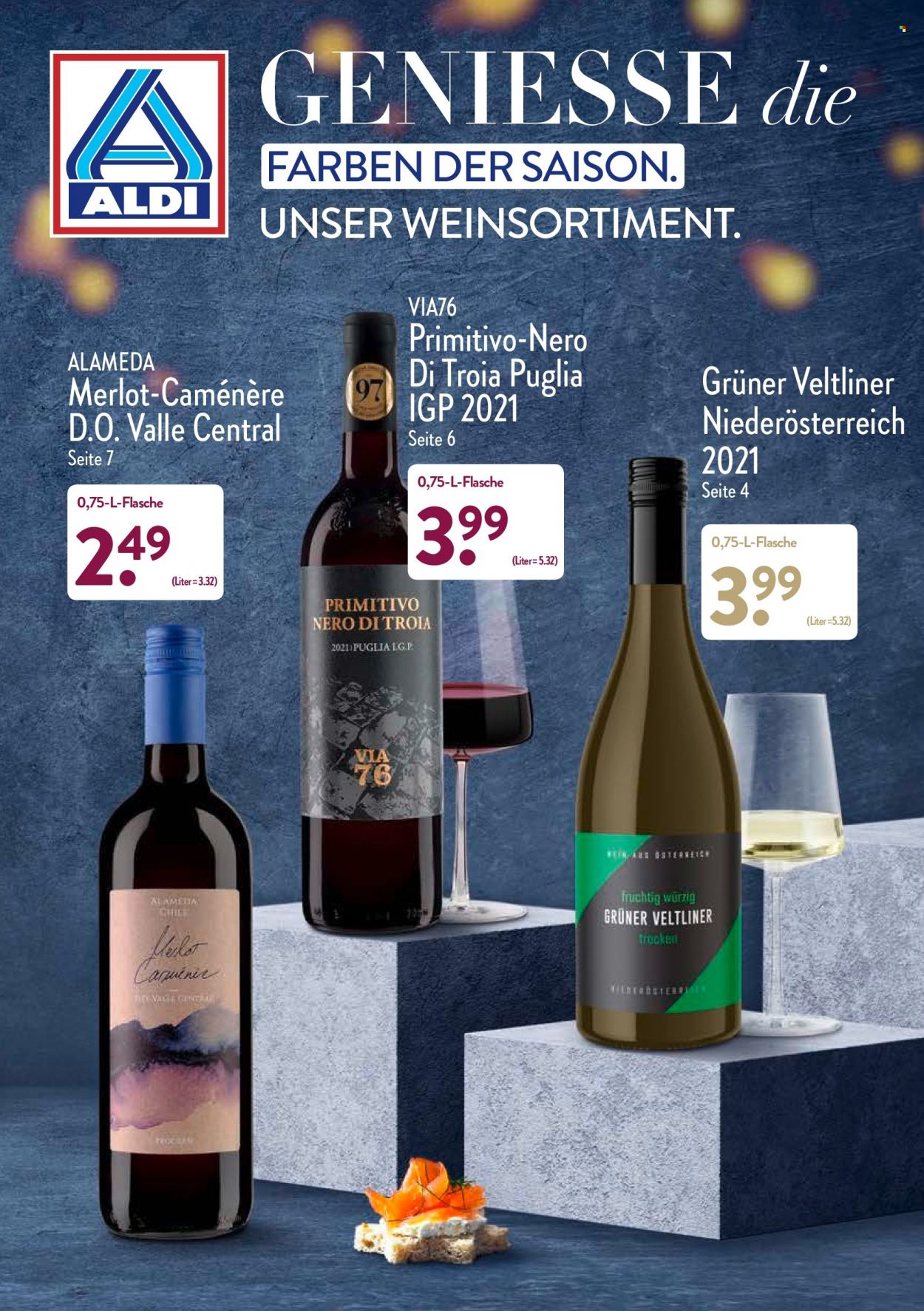 thumbnail - Prospekte ALDI Nord - Produkte in Aktion - LG, Alkohol, Wein, Primitivo, Merlot, Weißwein, Grüner Veltliner. Seite 1.