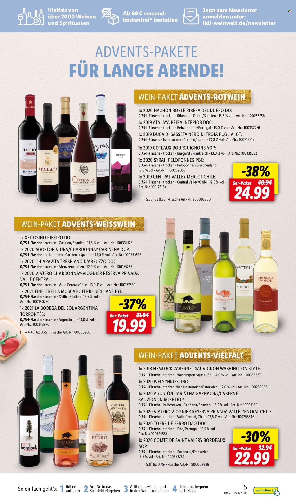 thumbnail - Prospekte Lidl - 1.11.2022 - 30.11.2022 - Produkte in Aktion - Alkohol, Wein, Cabernet Sauvignon, Rotwein, Merlot, Chardonnay, Weißwein, Welschriesling. Seite 5.