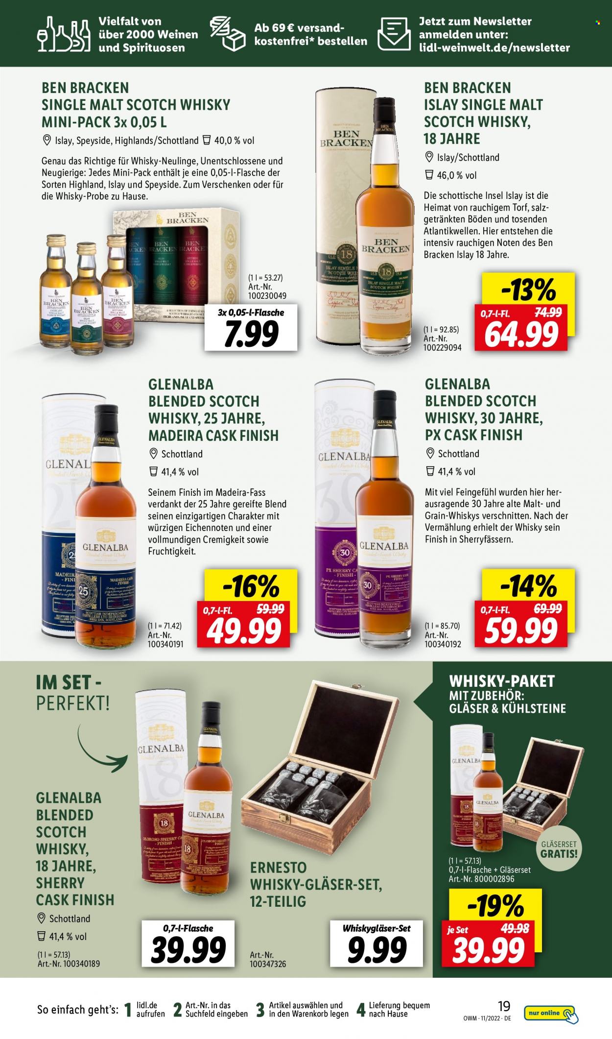 thumbnail - Prospekte Lidl - 1.11.2022 - 30.11.2022 - Produkte in Aktion - Alkohol, Blended Scotch Whisky, Whiskey, Single Malt, Scotch Whisky, Finish, Gläser, Ernesto. Seite 19.