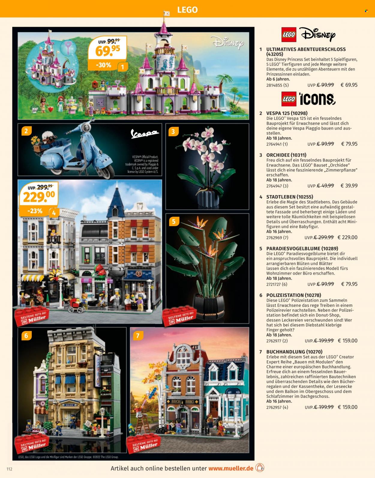 thumbnail - Prospekte Müller - 7.11.2022 - 31.12.2022 - Produkte in Aktion - Donut, Disney, LEGO, Orchidee. Seite 112.