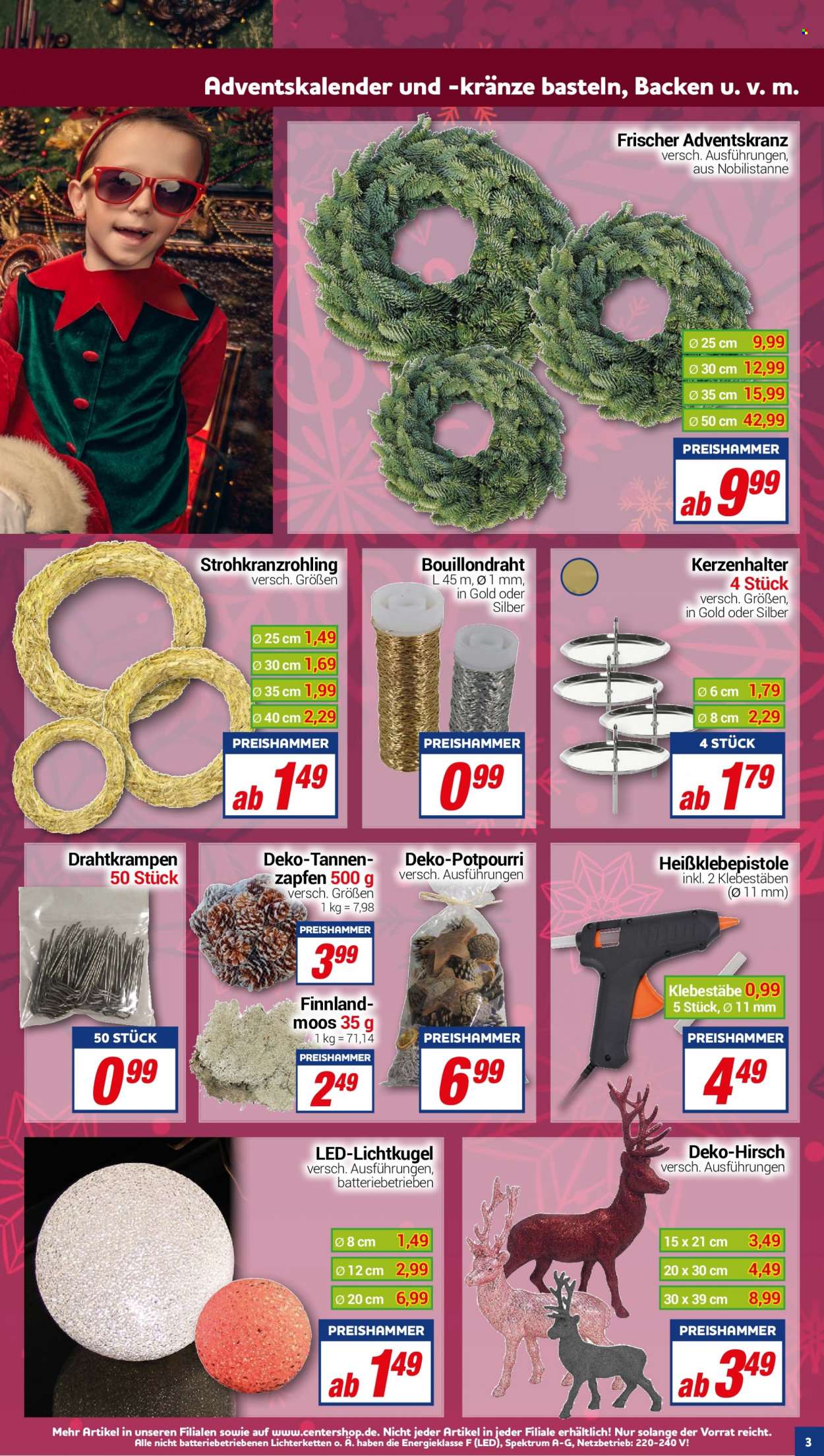 thumbnail - Prospekte CENTERSHOP - Produkte in Aktion - Adventskalender, Heißklebepistole, Adventskranz, Potpourri, Kerzenhalter. Seite 3.