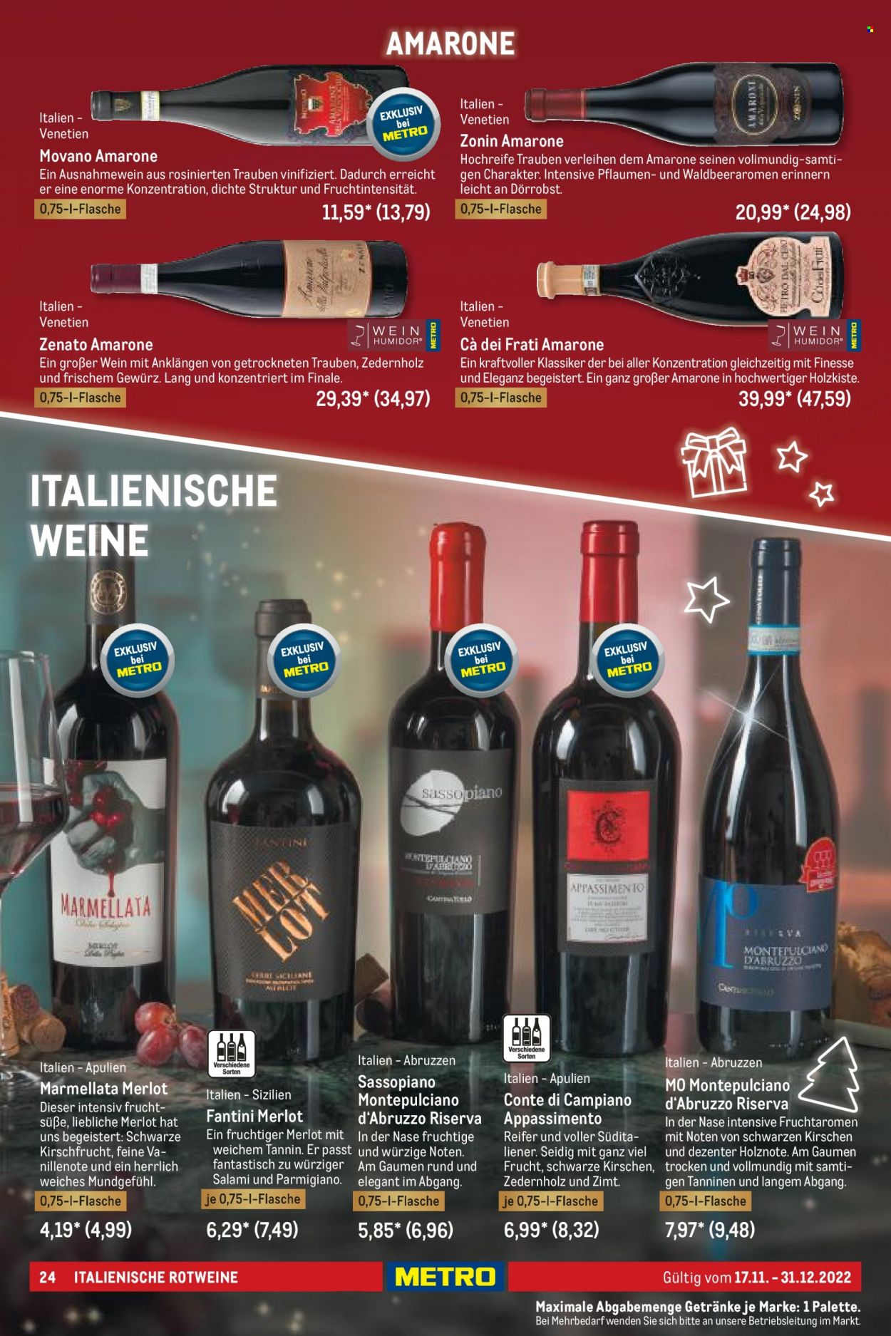 thumbnail - Prospekte Metro - 17.11.2022 - 31.12.2022 - Produkte in Aktion - Alkohol, Trauben, Salami, Parmigiano Reggiano, Wein, Merlot, Montepulciano. Seite 24.