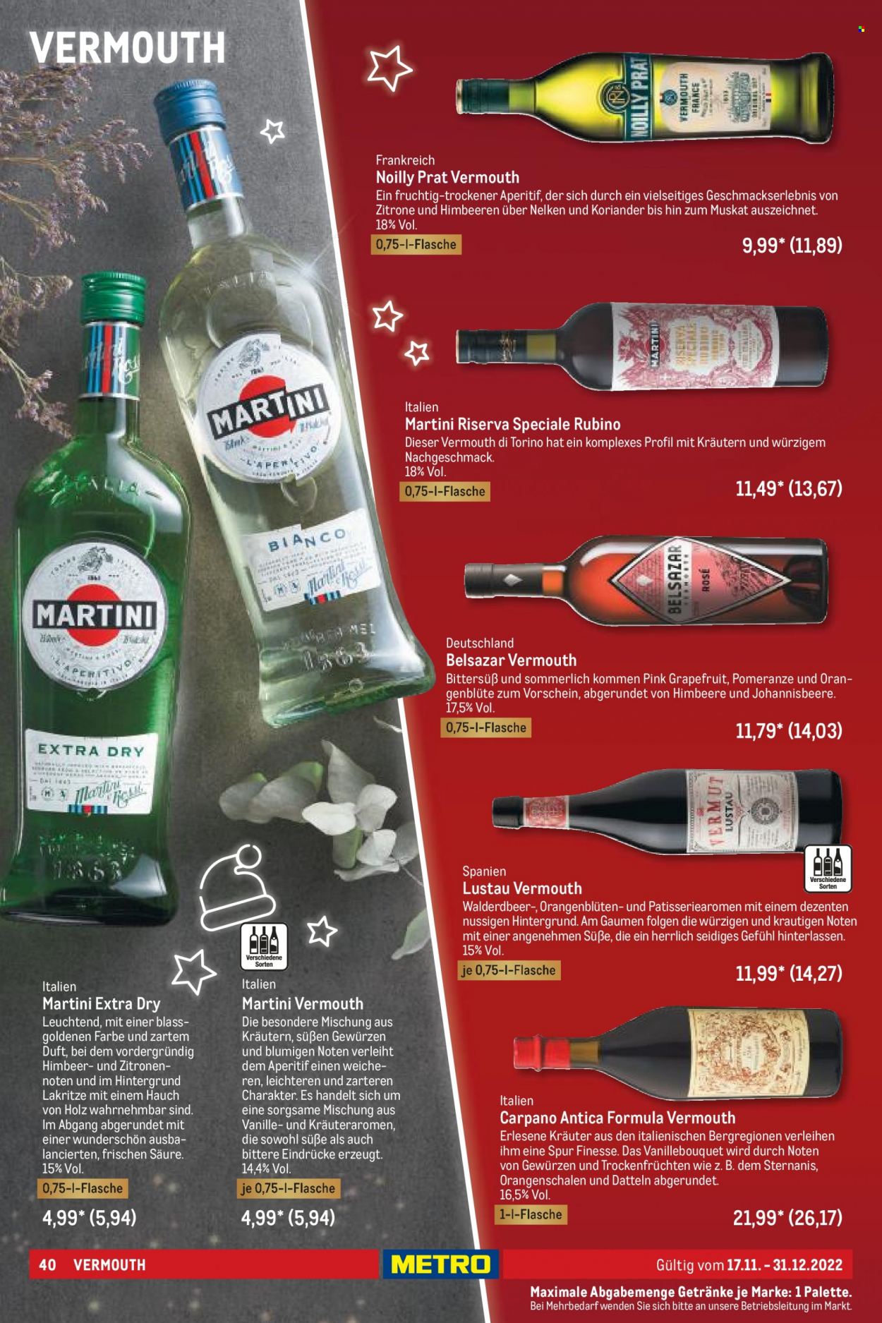 thumbnail - Prospekte Metro - 17.11.2022 - 31.12.2022 - Produkte in Aktion - Alkohol, Belsazar, Martini, Aperitif, Vermouth. Seite 40.