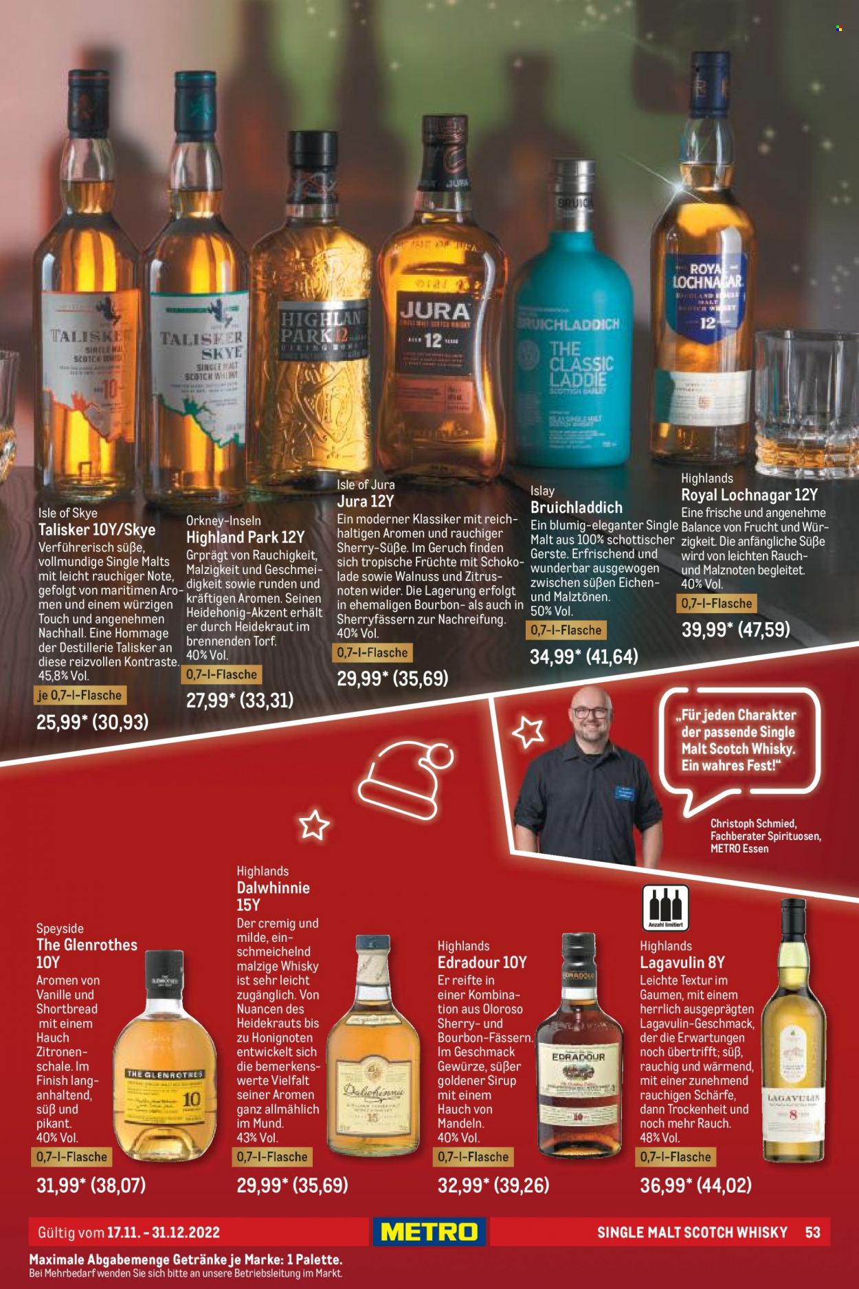 thumbnail - Prospekte Metro - 17.11.2022 - 31.12.2022 - Produkte in Aktion - Alkohol, Zitrusschale, Rauch, Sirup, Whiskey, Single Malt, Scotch Whisky, Talisker, Finish, Heidekraut. Seite 53.